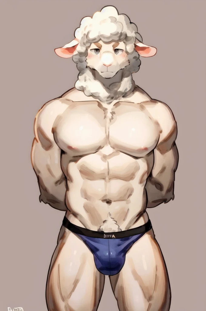 Solo, Furry, Anthro, Sheep, Male, E621, Standing, Muscular, Hands behind back, Wearing underwear, Plain background, Front view, Light skin tone, By buta99