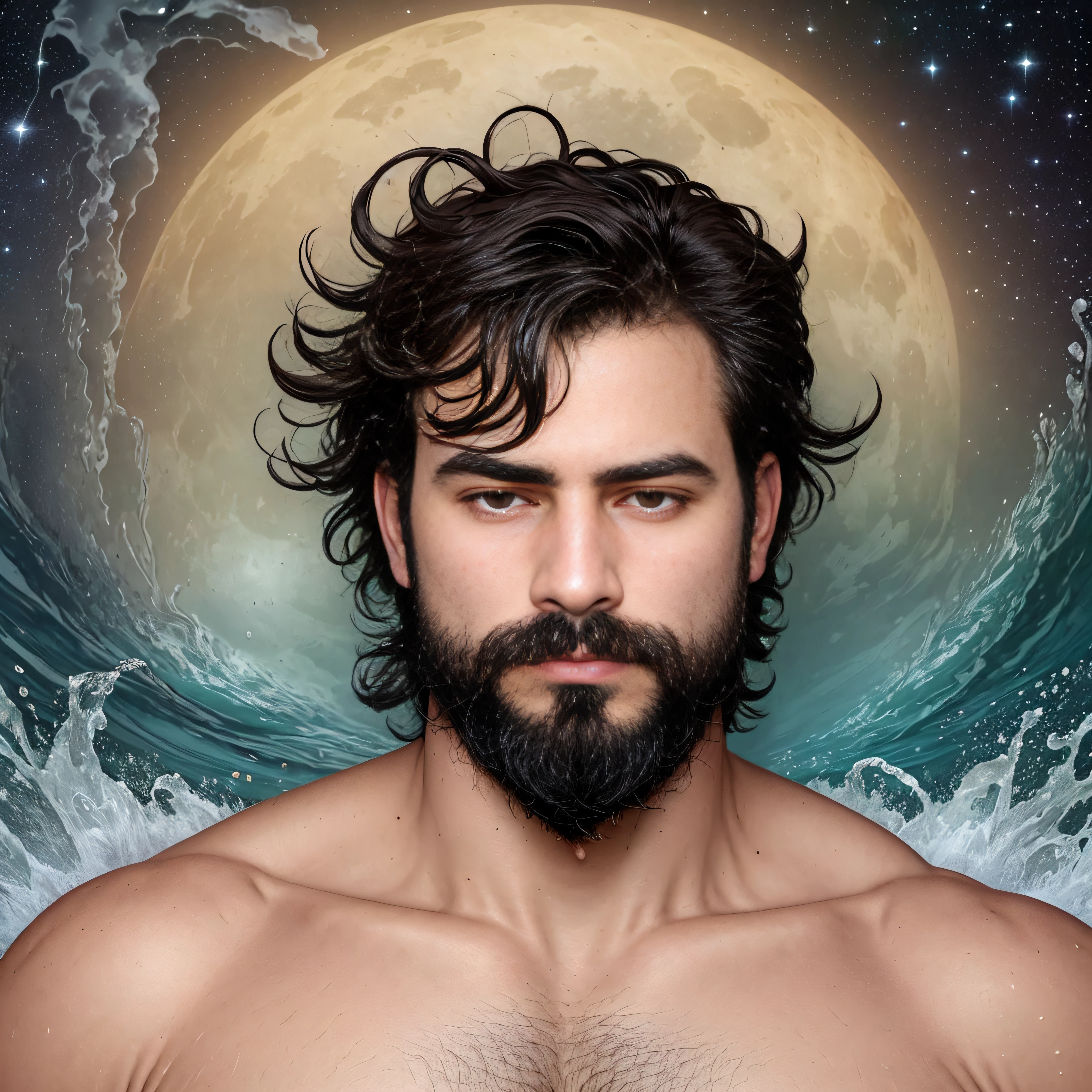 Obra maestra, La mejor calidad, High resolution, Retrato de primer plano, Enfoque masculino, Enfoque en solitario, muscular, corpulento, peludo, masculino, un hombre, en un mar, con la mitad de su cuerpo sumergido en el agua, behind a starry sky with a moon in the center, amazing composition, Front view, HDR, volumetric illumination, Calidad Ultra, elegante, Altamente detallado