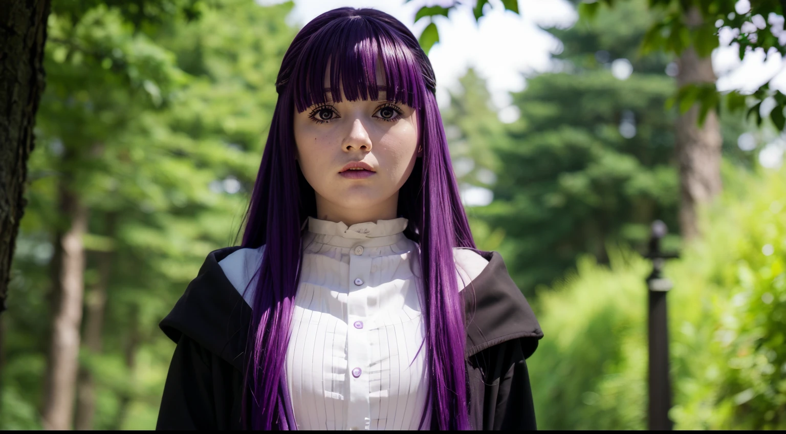 fern, long hair, bangs, (purple eyes:1.1), ((purple hair)), sidelocks, blunt bangs, bright pupils, half updo, shirt, dress, jacket, white shirt, open clothes, hood, white dress, hood down, looking at viewer, upper body, outdoors, forest, detailed face, detailed eyes, beauty, ((black jacket))
