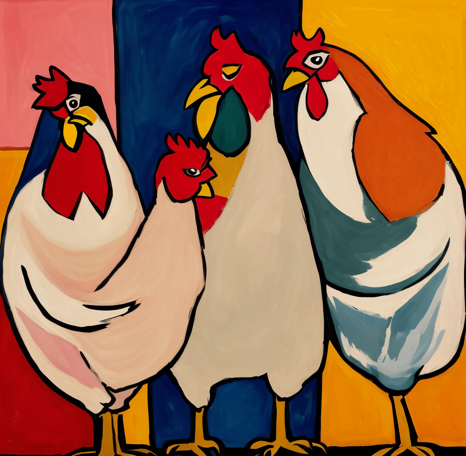 A drawing of three chickens holding a bottle of wine in their mouths, Inspired by Max Pechstein, chicken, Fauvist style, expressionist painting, brutalist, Inspired by Candido Portinari, Inspired by Lovis Collins, author:Max Pechstein, author:Lodewijk Bruckmann, author:Jankel Adler, human , drinking