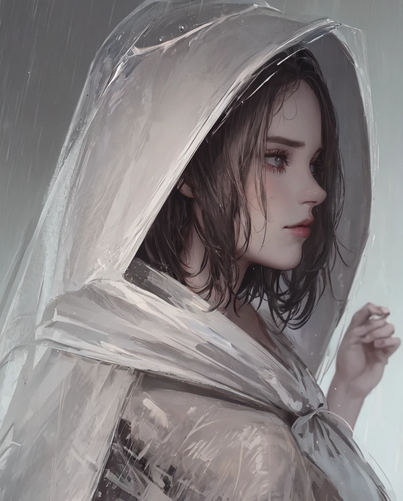 a closeup of a woman wearing a mask in the rain, Anonymous Sinister Killer, sin ojos, Ambiente de Dark Souls