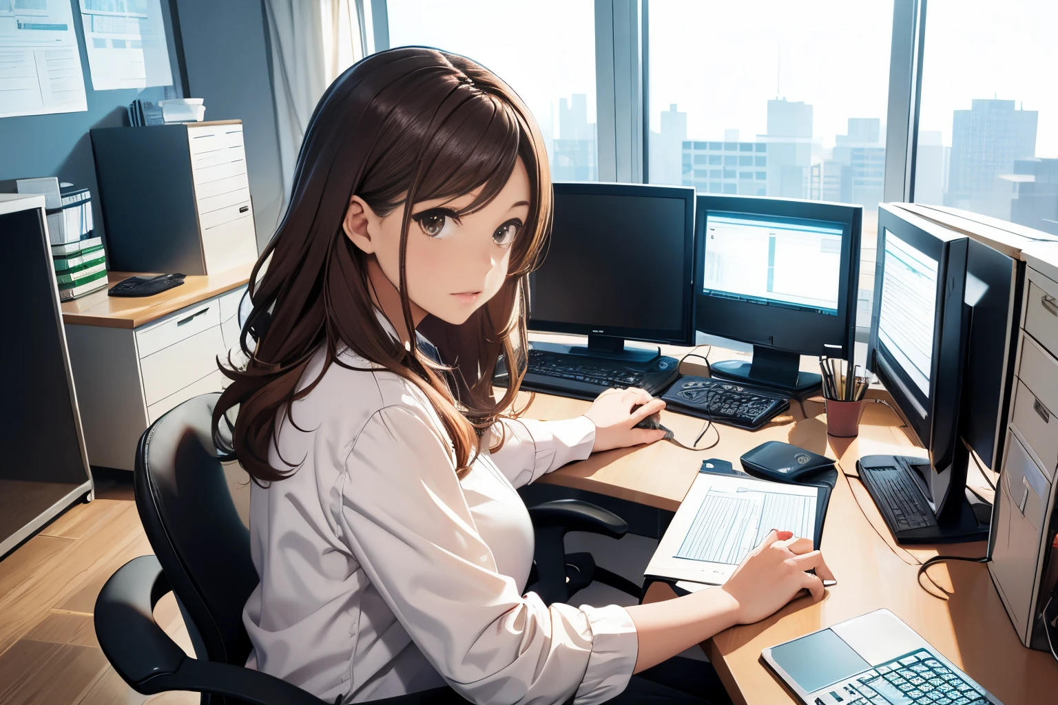 Office lady working on a computer at her office desk、1girl in, serious, brown Wavy hair,