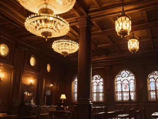 (Masterpiece), (Highly detailed)scene of a huge American saloon, 1870s-1890s, detailed woodwork, lit by lamps, light shadows.