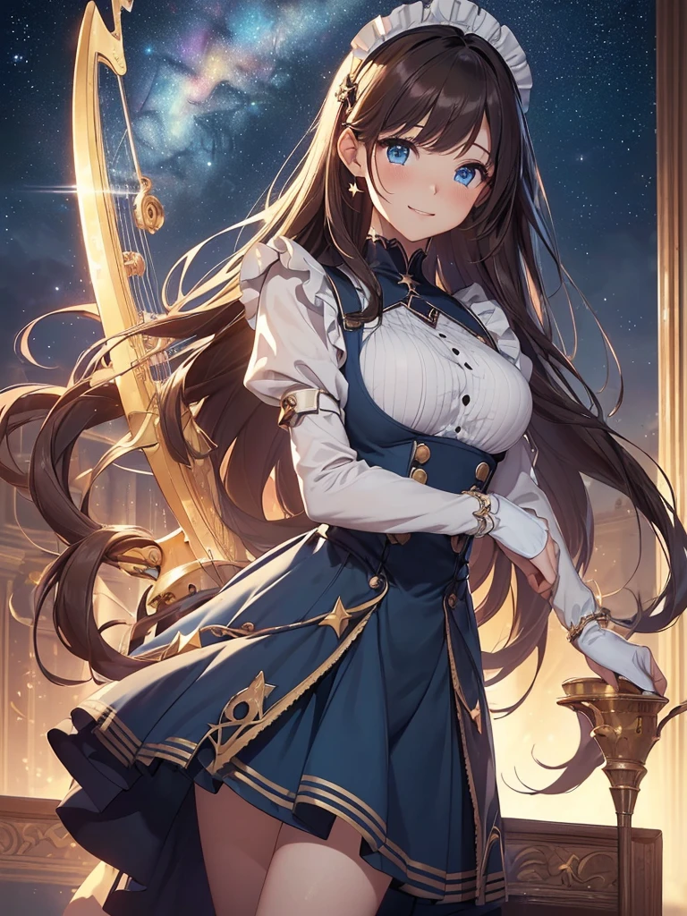 top-quality、Top image quality、​masterpiece、Sci-Fi Girls((24 year old、Best Bust、big bast、Bust 90,Beautiful blue eyes、,Brown hair long hair、A slender、a closeup、Esbian、gothic style maid outfit、pinafore、hiquality、Beautiful Art、Background with((starrysky)))masutepiece、visualart、depth of fields、low angle of morning sky、、harp melody🎵、Happy smile、Gentle light、、Beautiful skins、beutiful breast、beautiful foot、welcome、、accurate fingers、Exact finger count、ticker grand town、steampunc、Lots of gears、