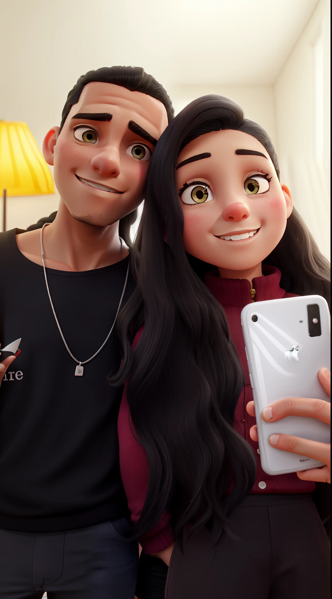 a couple taking a photo she is white and has long hair he is black with shaved hair
