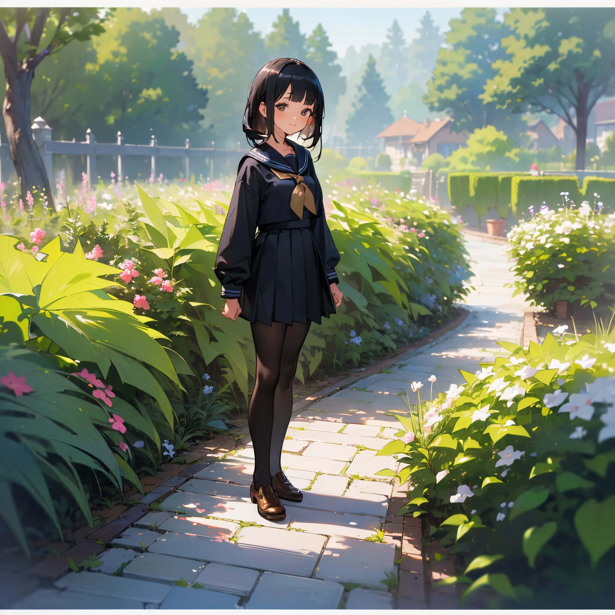 (Best Quality,High resolution,Ultra-detailed,Photorealistic:1.37),peaceful ambiance,(plein air,garden),Teenage girl standing alone,Beautiful detailed features,Cute smile,(Black bob hair),Navy sailor suit,Pleated skirt,Black tights,Brown leather shoes.