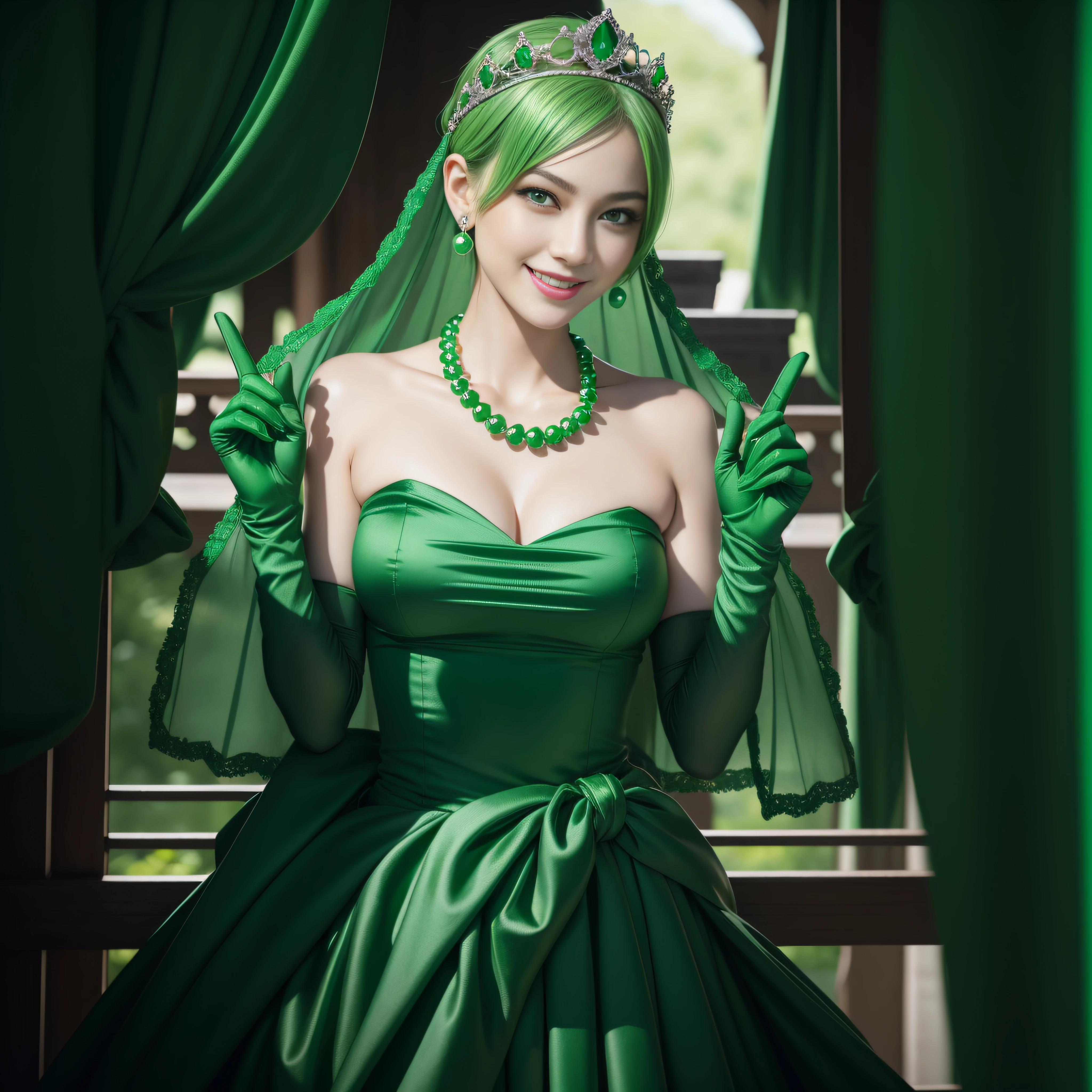 emerald tiara, Green Pearl Necklace, Boyish very short green hair, lipsticks, Japan woman smiling, very short short hair, big breasts beautiful, Green eyes, Long green gloves made of satin material, Green eyes, Emerald Earrings, green vale, v sign