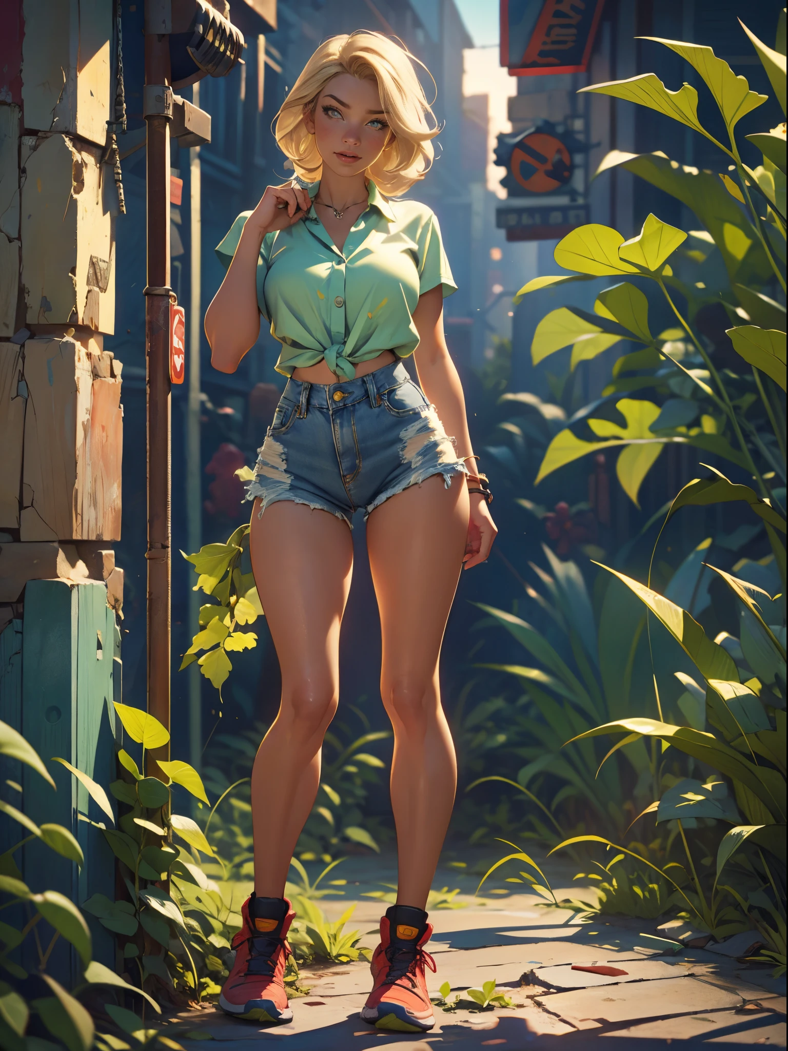 2076 year. The Urban Ruins of the Wasteland, Female huntress picking fruit in the garden, beautiful face, blonde, badly torn shirt and denim shorts ,  long legs, sweating through, sun rising, Nice warm colors, head to toe, full body shot, pretty hands, perfect fingers,