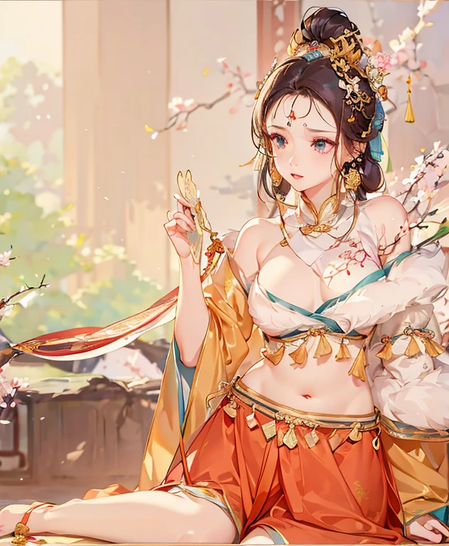 Anime woman wearing oriental clothes sitting on bed holding fan, Popular topics on cgstation, beautiful fantasy empress, 宮 ， A girl in Hanfu, Princesa chinesa antiga, Guweiz style artwork, China Princess, Beautiful rendering of the Tang Dynasty, anime goddess, chinese empress, [ 4K digital art ]!!, Inspired by Lanying, an ancient Chinese goddess