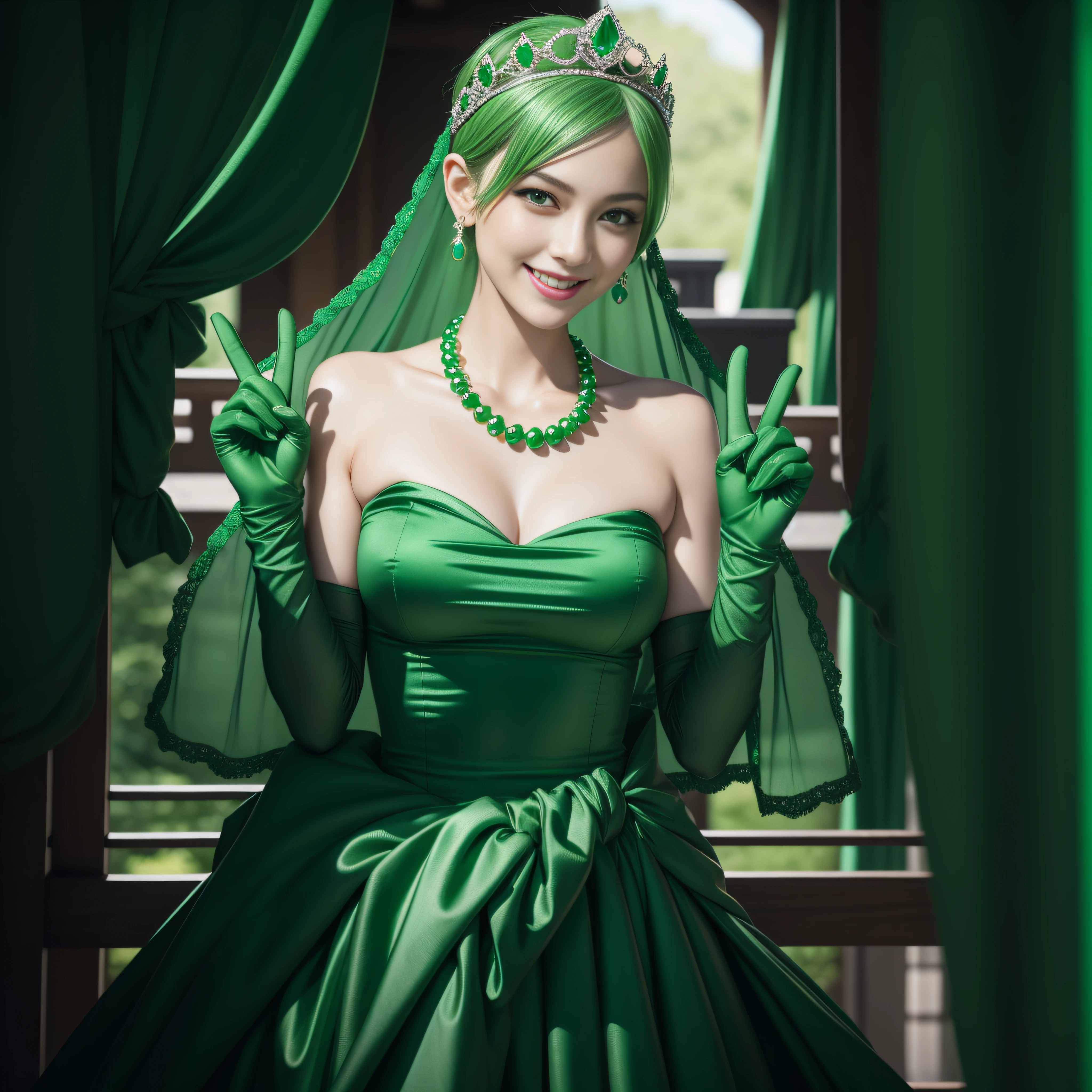 emerald tiara, Green Pearl Necklace, Boyish very short green hair, lipsticks, Japan woman smiling, very short short hair, big breasts beautiful, Green eyes, Long green gloves made of satin material, Green eyes, Emerald Earrings, green vale, v sign