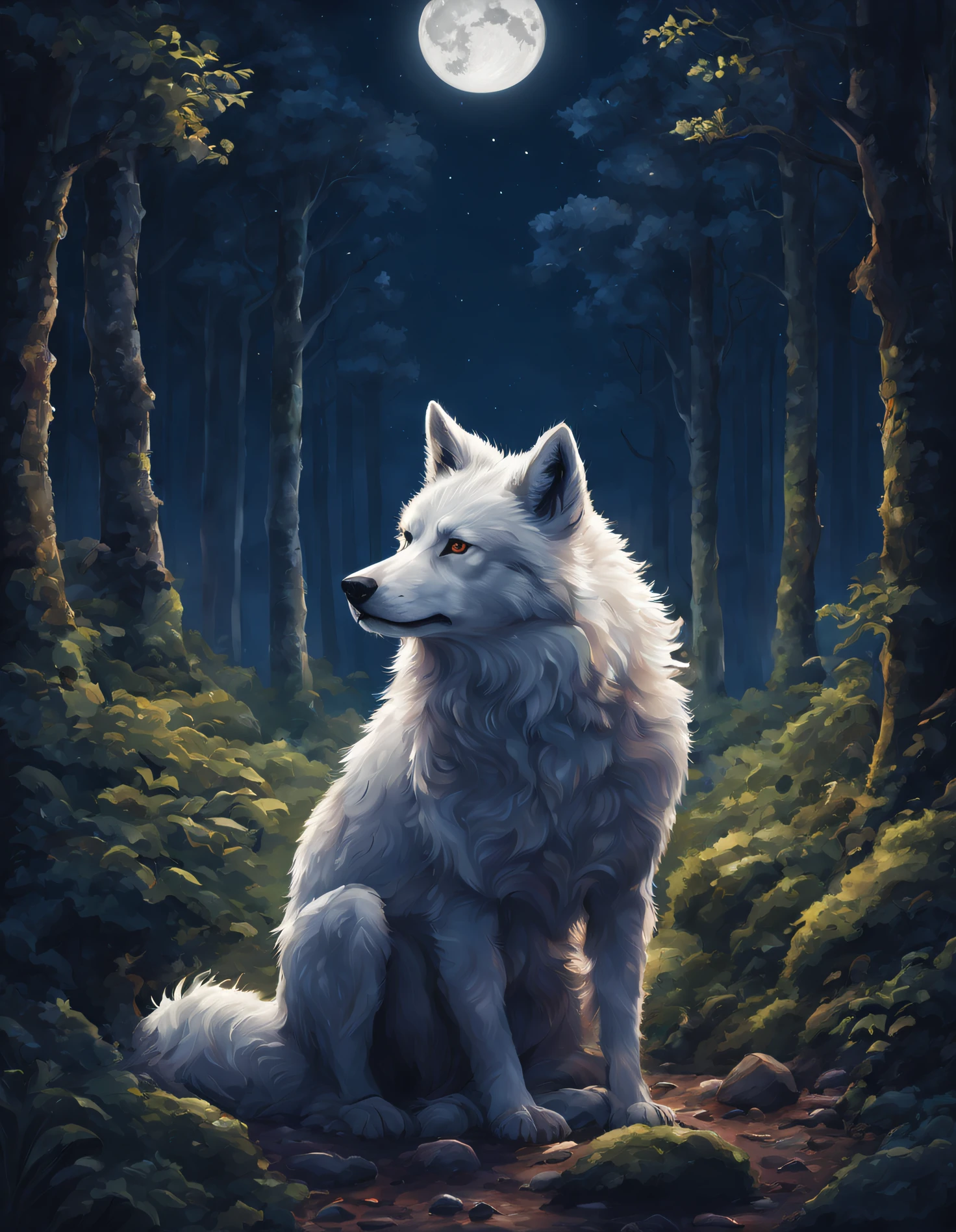 em uma noite de lua cheia, um garoto de 15 anos caminha pelas sombras da floresta. He is an unusual hybrid, metade humano e metade lobo. Your body is wrapped in snow-white fur, e suas orelhas e cauda de lobo brilham na luz prateada da lua. As the full moon shines brightly in the sky, o garoto sente uma energia pulsante dentro de si. Your heart beats to the wild rhythm of nature and your animal instincts sharpen. He knows tonight is special, because the connection with your wolf nature is stronger than ever. As he advances through the forest, your keen senses capture all sounds and smells. He hears the rustling of leaves in the treetops and the distant sound of a running brook. Your sensitive nose detects the aromas of vegetation, of animals and moist soil. Ele se sente em casa na natureza, parte dela. Enquanto caminha, ele se aproxima de um claro na floresta, iluminado pelo brilho intenso da lua cheia. A luz prateada banha o local, revealing a stunning image - an ancient circle of stones stands majestically in the center of the clearing. The stones appear to have been placed there centuries ago, carrying the history and energy of that place. The boy is attracted to the circle of stones. Ele sabe isso'um lugar sagrado, onde os rituais antigos foram realizados sob o olhar atento da lua. As it gets closer, he feels a deep connection with the energy of the place and with his own being. When he enters the circle of stones, a lua cheia brilha com ainda mais intensidade, envolvendo-o em seu esplendor prateado. The boy raises his head and howls at the moon, liberando um som selvagem e poderoso. Seu uivo ecoa pela floresta, marking your presence as a unique and special being. In this magical moment, the half-wolf boy feels in harmony with nature and the mysteries of the full moon. Ele sabe que ele'uma criatura especial, destined to live a unique purpose in this world. With fierce determination
