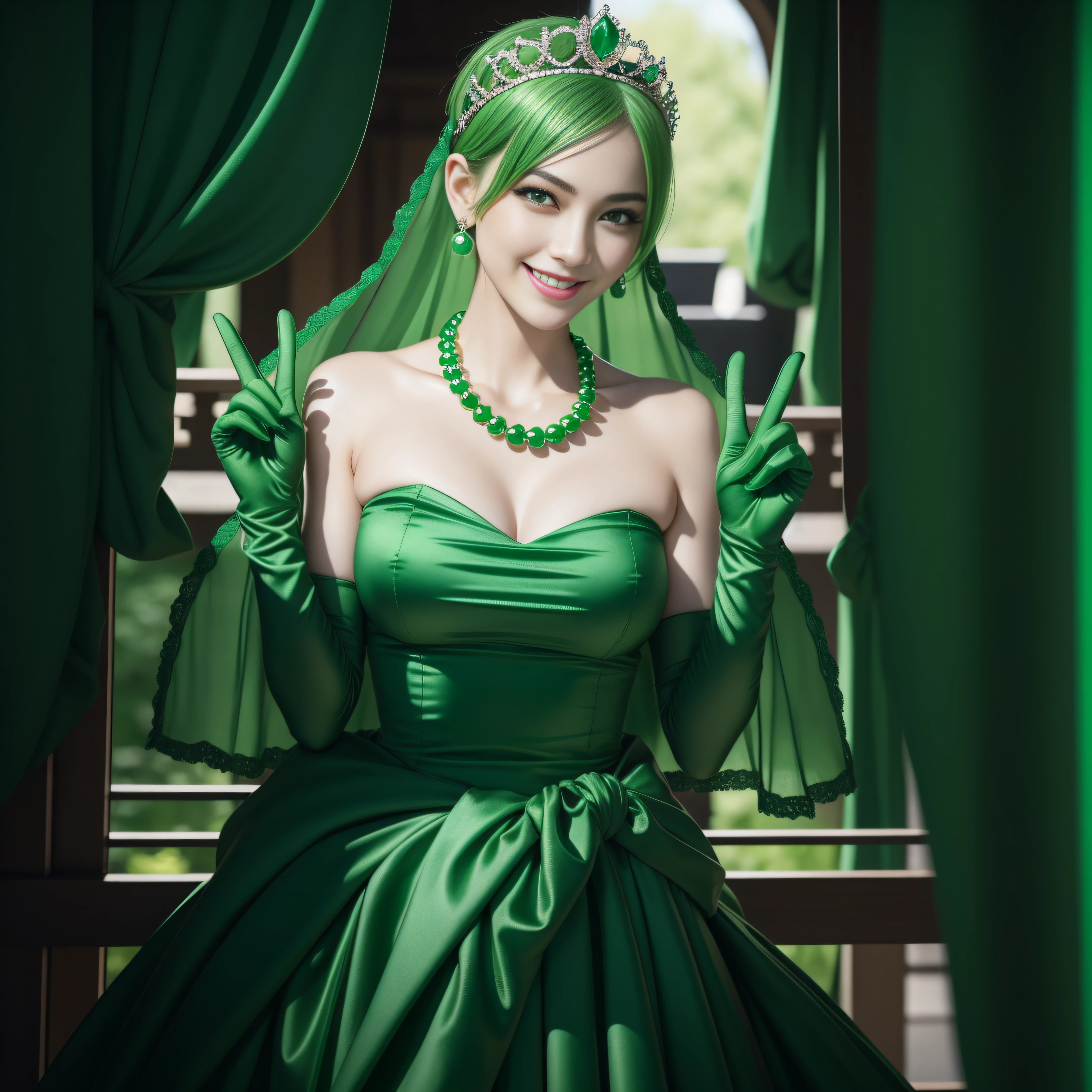 emerald tiara, Green Pearl Necklace, Boyish very short green hair, lipsticks, Japan woman smiling, very short short hair, big breasts beautiful, Green eyes, Long green gloves made of satin material, Green eyes, Emerald Earrings, green vale, v sign