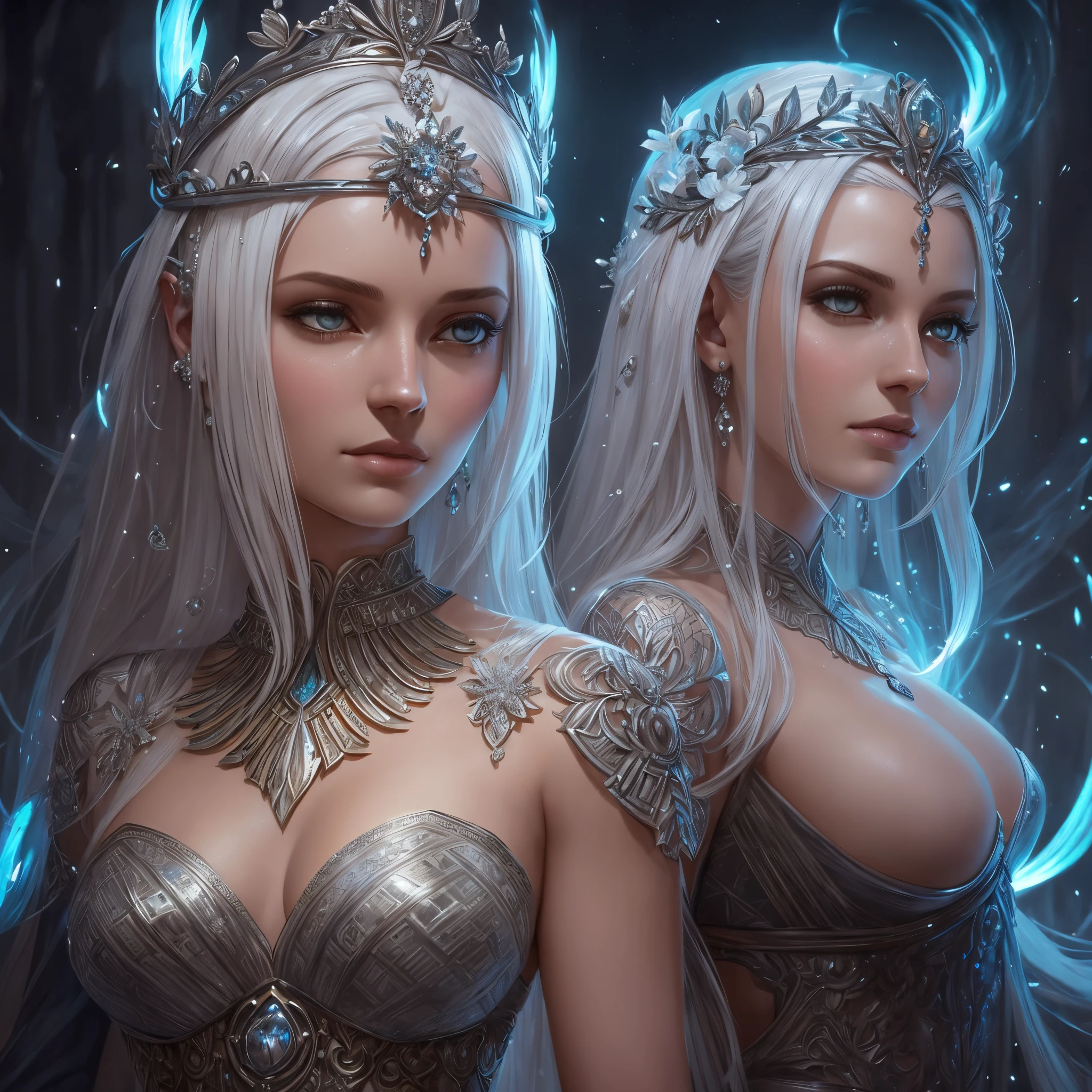 Mulher com cabelo platinado:, em um vestido de flores de gelo, a beautiful crown on her head, Rosto detalhado, pele detalhada, frente, fundo floresta congelada, cobrir, Deszoom, Gargantilha, pintura hiperdetalhada, Luminismo, bar lighting, Complexo, 4k resolution concept art portrait by Greg Rutkowski, Artgerm, WLOP, Alphonse Mucha, little fusion pojatti realistic goth, fractal isometrics details bioluminescens : um atordoamento