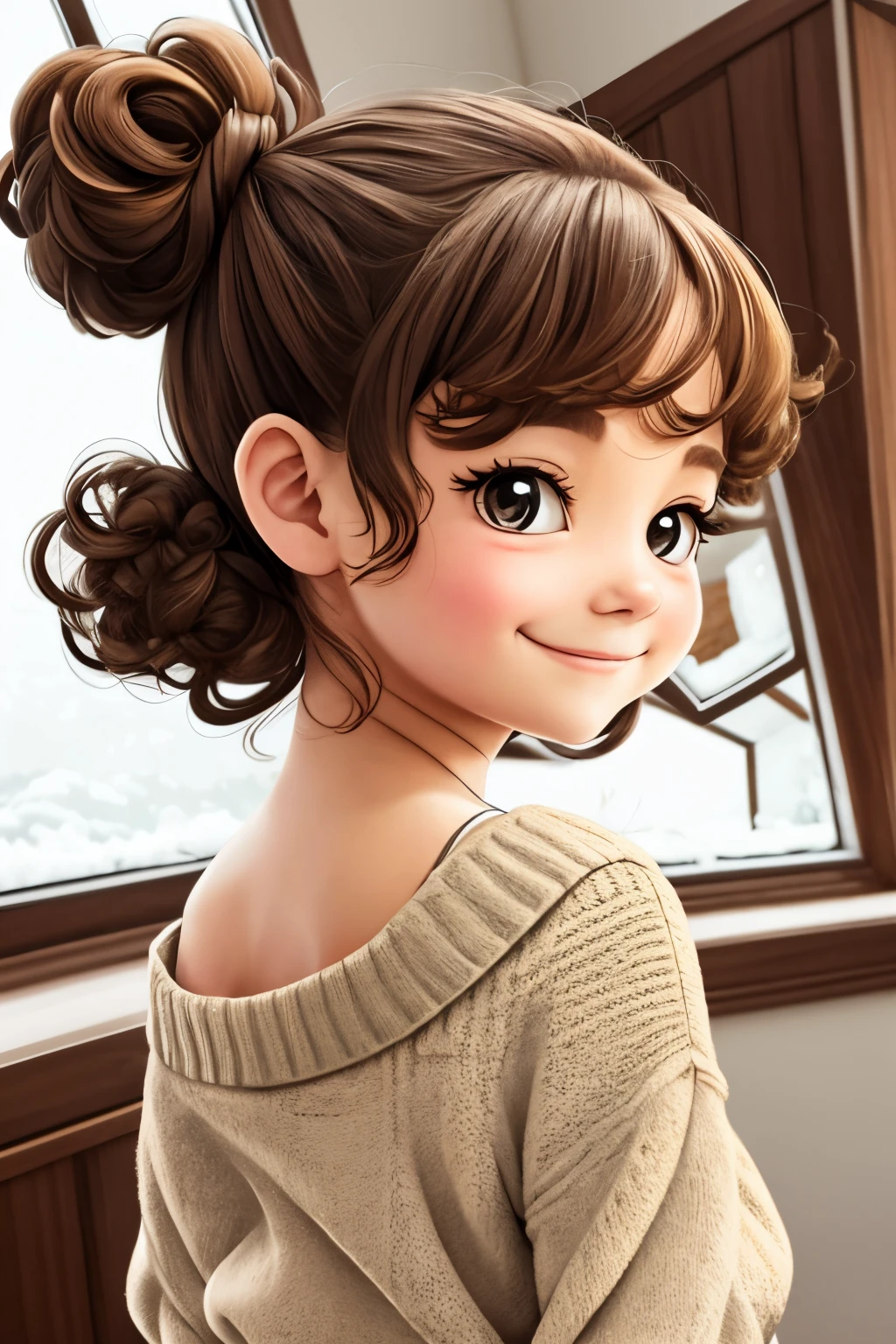 Shoulder sweater, Curly shorthair, hair scrunchie, Twin-tailed, kawaii pose、ssmile、I'm in a dome house made of snow