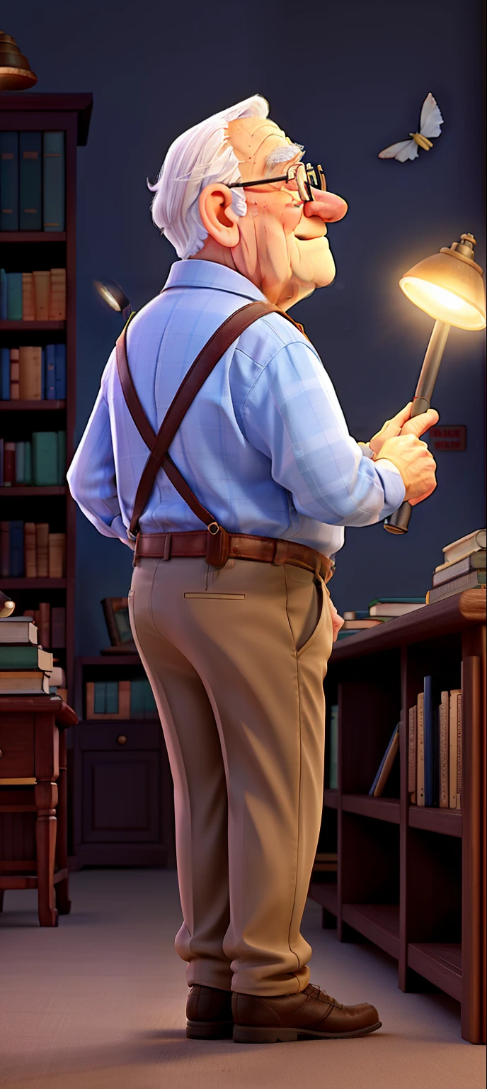 A wise old man standing in front, illuminated by the light of a lamp, against the backdrop of a library