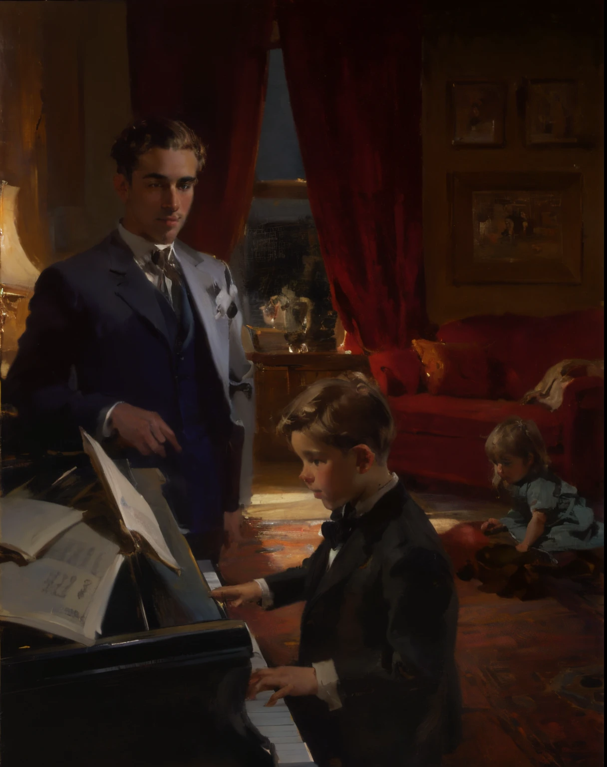 impasto oil painting by John Singer Sargent and Richard Schmid featuring a teen boy playing piano, A happy brown-haired caucasian 40-year-old male music teacher standing and watching a teenage brown-haired boy play piano in a 1915 Manhattan apartment while a 2-year-old blonde girl plays on a Persian rug on the floor, dramatic rim lighting, oil paint, painterly