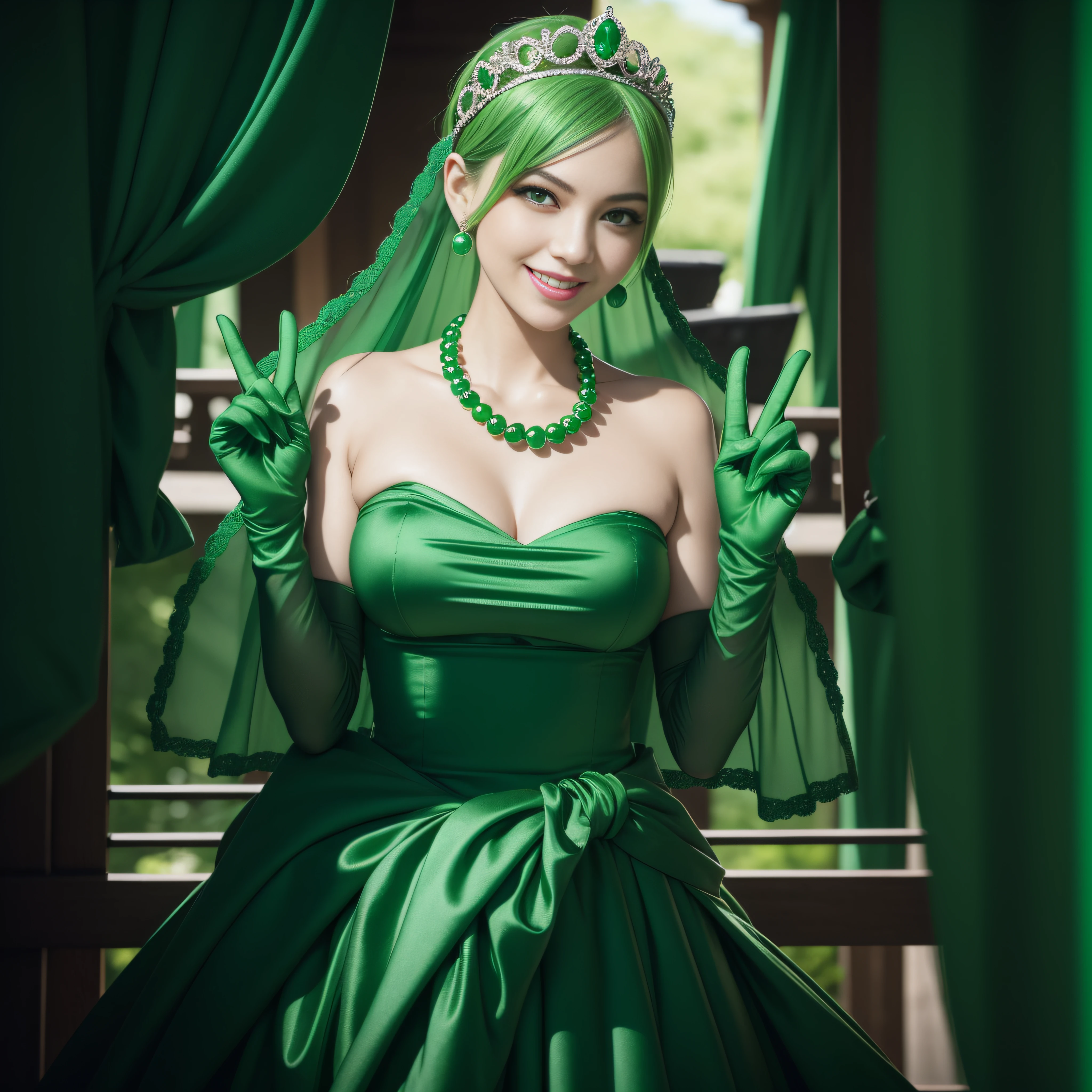 emerald tiara, Green Pearl Necklace, Boyish very short green hair, lipsticks, Japan woman smiling, very short short hair, big breasts beautiful, Green eyes, Long green gloves made of satin material, Green eyes, Emerald Earrings, green vale, v sign