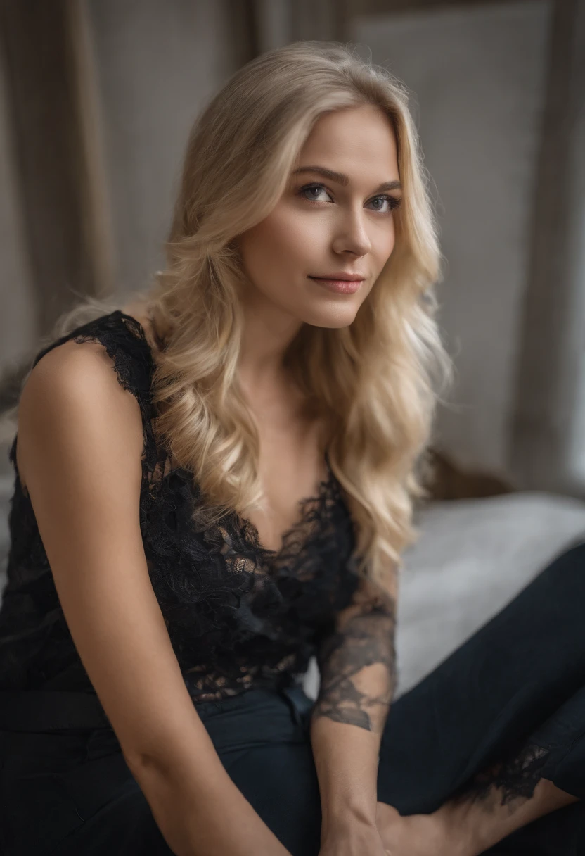 Blonde woman in black satin blouse posing for a photo in a studio, beautiful blonde woman, blonde Frau, blonde and attractive features, blonde beautiful young woman, beautiful blonde girl, A beautiful blonde, sexy girl with long blonde hair, junge blonde frau, long blonde hair and large eyes, niedliches weibliches Modell, blonde hair and large eyes, Smileing, auf dem Bett sitzen, small black panties