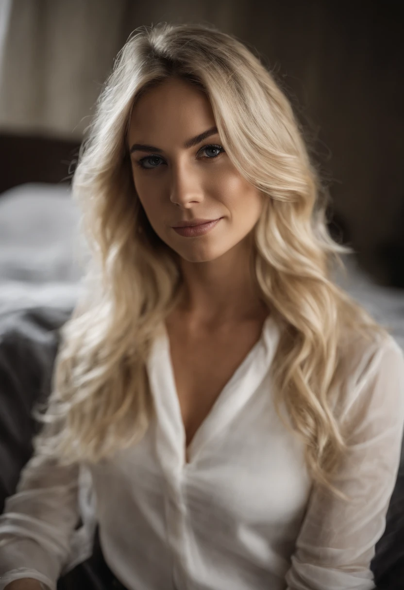 Blonde woman in black satin blouse posing for a photo in a studio, beautiful blonde woman, blonde Frau, blonde and attractive features, blonde beautiful young woman, beautiful blonde girl, A beautiful blonde, sexy girl with long blonde hair, junge blonde frau, long blonde hair and large eyes, niedliches weibliches Modell, blonde hair and large eyes, Smileing, auf dem Bett sitzen, small black panties