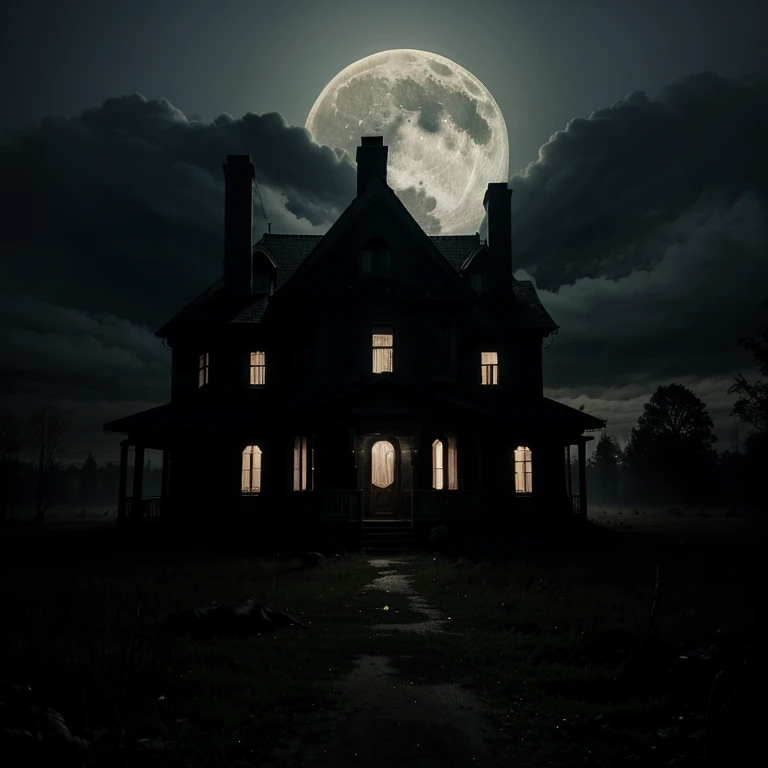 realistic forest at night with clouds, fog, full moon, abandoned house, with an air of terror, ominous atmosphere, suspicious silhouette