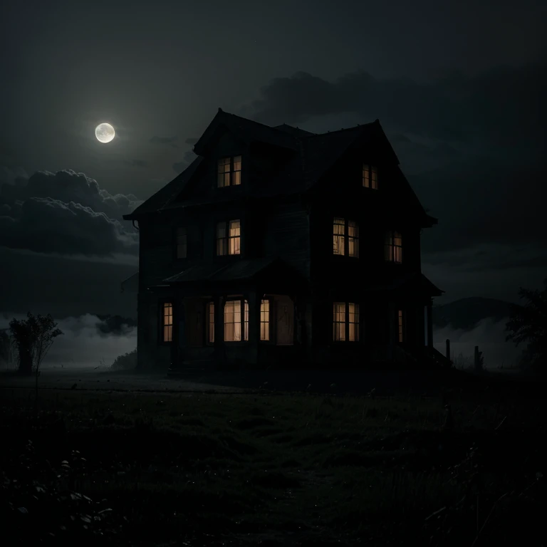 realistic forest at night with clouds, fog, full moon, abandoned house, with an air of terror, ominous atmosphere, suspicious silhouette