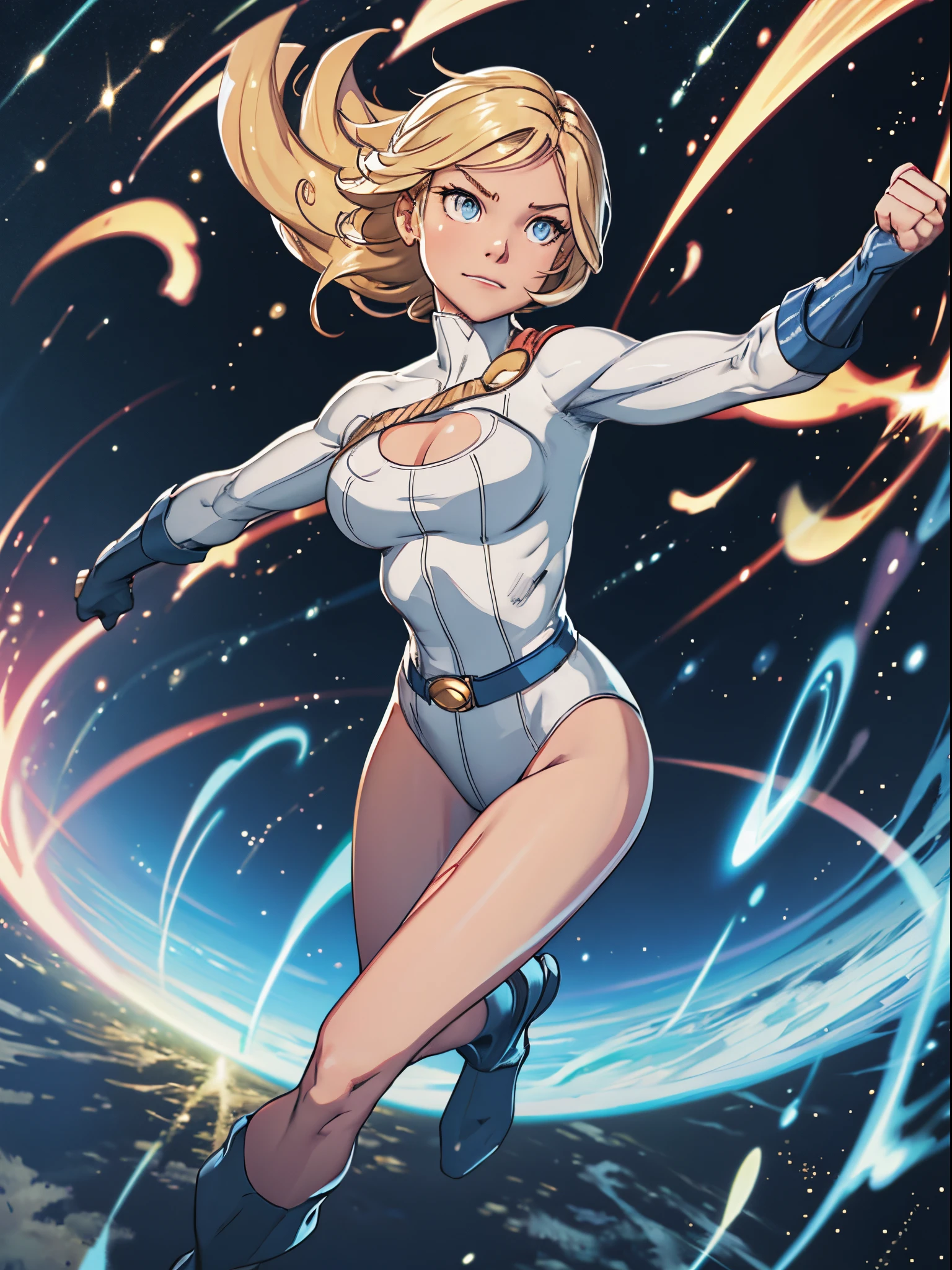 1girl, leotard, CARTOON_DC_powergirl_ownwaifu, bare legs, boots, gloves, space, solo, single, spread arms, standing, spinning like a tornado, light particles, sparkling, super speed, solo, single, speed lines, blonde hair, blue eyes, rapid gyration, tornado spin, twirling, cyclone spin, light swirls, superpower