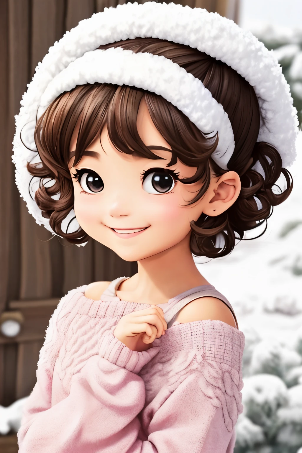 Shoulder sweater, Curly shorthair, hair scrunchie, Twin-tailed, kawaii pose、ssmile、Me in the snow dome house