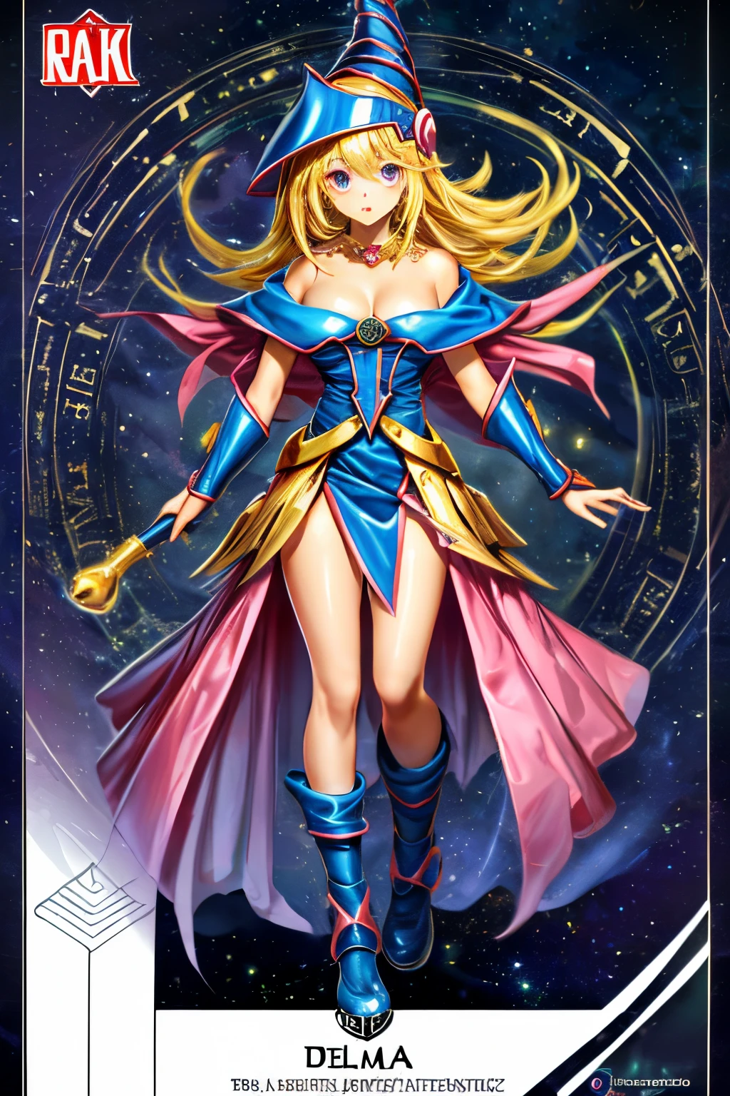 Una chica maga oscura flotando tiernamente, magical aura, fantasy background, Runa brillante, (( una tarjeta Yu-Gi-Oh debajo de ella)), dando una vibra de que fue convocada,epic composition, (Detalles complejos), (complex design, Ultra-detalles :1.2), Art Station, (Obra maestra, La mejor calidad), Ultra HD, 32K ,Renderizado de octanaje, bioluminiscente,8k resolution concept art, realismo,por Mappa studios,Obra maestra,La mejor calidad,Arte Oficial,illustration,clear line,(fresco_Color),perfect composition,absurdos, fantasy,( debajo de ella hay una tarjeta de Yu-Gi-Oh), Diagrama