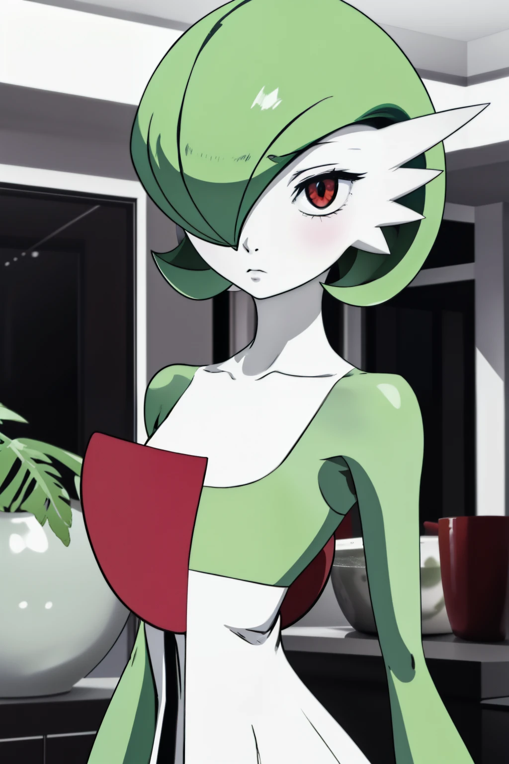 1girl, solo, gardevoir, creatures \(company\), game freak, nintendo, pokemon, pokemon \(game\), bangs, colored skin, female focus, gen 3 pokemon, green hair, green skin, hair over one eye, multicolored skin, pokemon \(creature\), red eyes, short hair, two-tone skin, white skin, at home, empty eyes, dull eyes, blank eyes, blank expression, hypnotized, dazed, blank, enthralled,