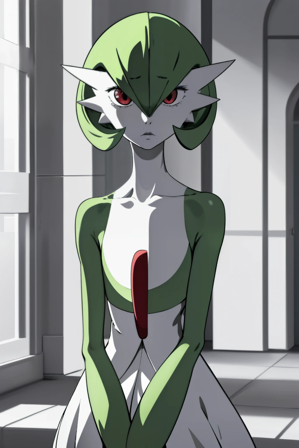 1girl, solo, gardevoir, creatures \(company\), game freak, nintendo, pokemon, pokemon \(game\), bangs, colored skin, female focus, gen 3 pokemon, green hair, green skin, hair over one eye, multicolored skin, pokemon \(creature\), red eyes, short hair, two-tone skin, white skin, at home, empty eyes, dull eyes, blank eyes, blank expression, hypnotized, dazed, blank, enthralled,