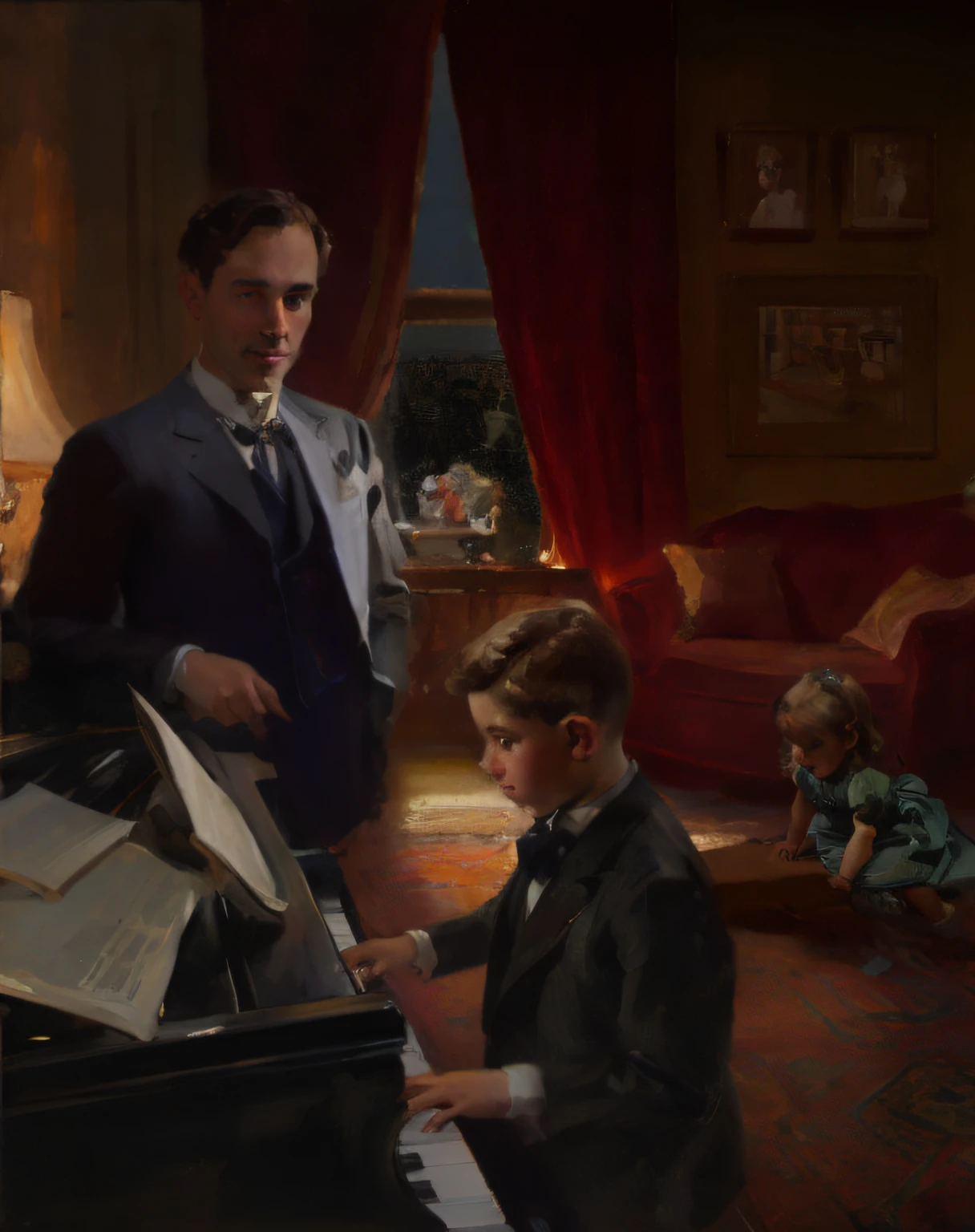 impasto oil painting by John Singer Sargent and Richard Schmid featuring a boy playing piano, A happy brown-haired caucasian 40-year-old male music teacher standing and watching a teenbrown-haired boy play piano in a 1915 Manhattan apartment while a 2-year-old blonde girl plays on a Persian rug on the floor, dramatic rim lighting, oil paint, painterly