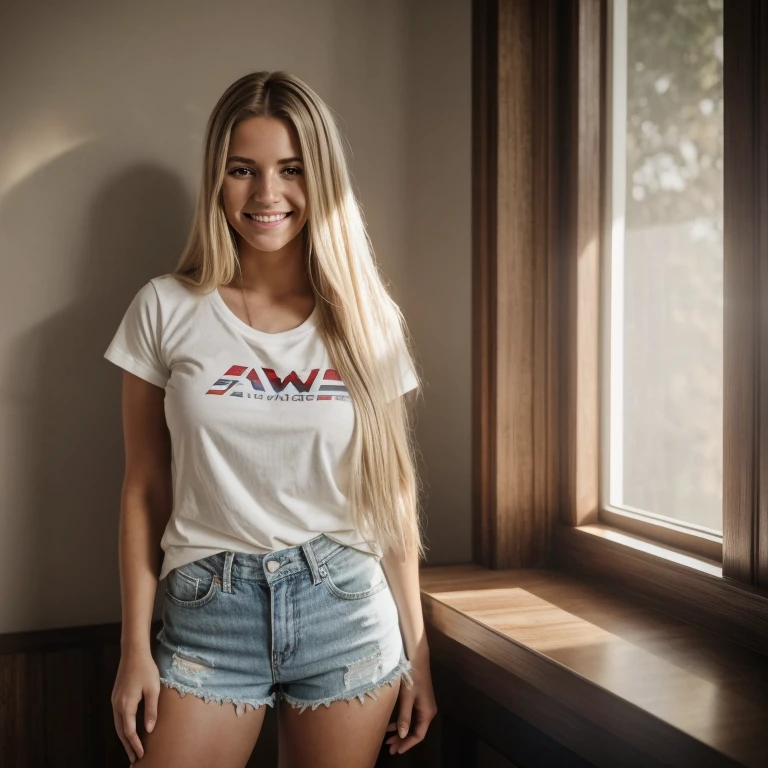 RAW photo, a 25-year-old American woman, blonde balayage, long hair, medium size breast, hour glass shaped body, smiling, wearing shorts and a tshirt, (soft backlight), realistic, masterpiece, highest quality, lens flare, [[chromatic aberration]],best shadow, photorealism, hyperrealism, one girl
