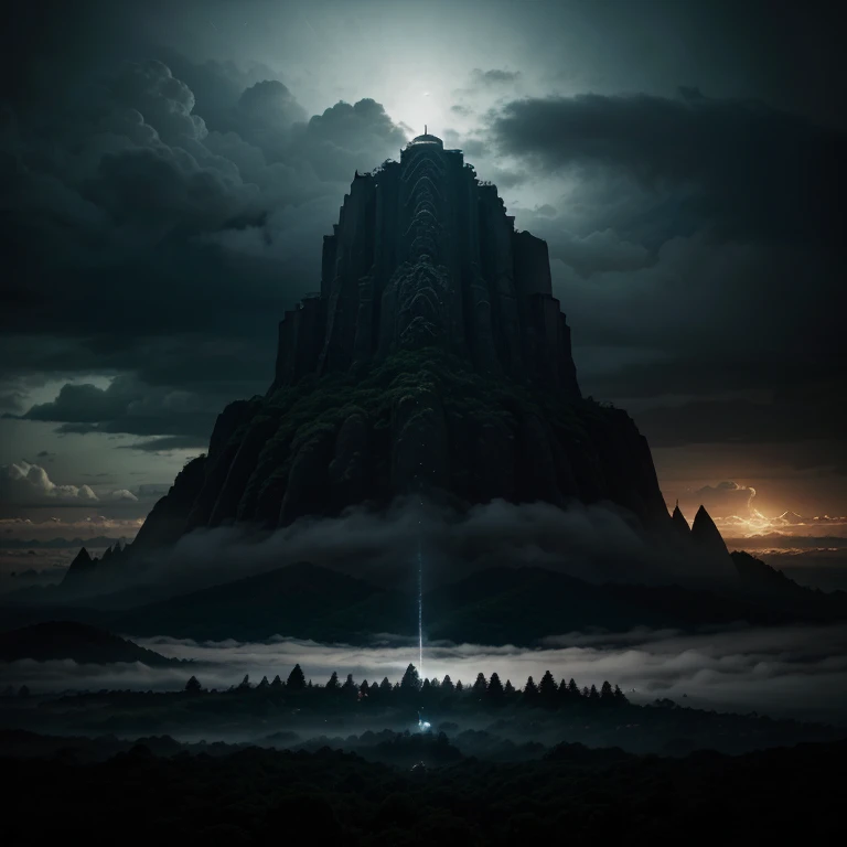 realistic dense forest at night with clouds, mistborn, lua cheia, com ar de terror, atmosfera sinistra, silhueta suspeita