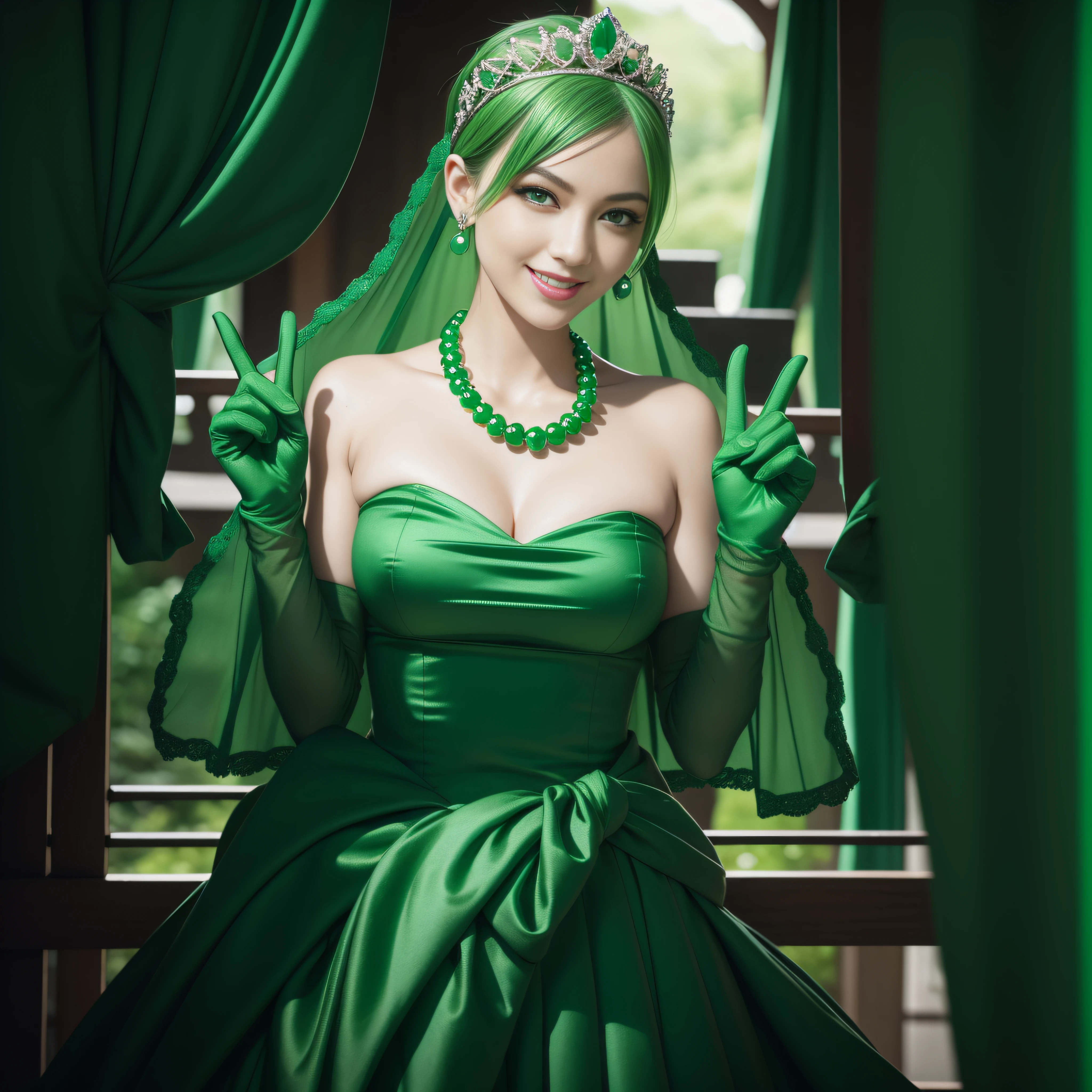 emerald tiara, Green Pearl Necklace, Boyish very short green hair, lipsticks, Japan woman smiling, very short short hair, big breasts beautiful, Green eyes, Long green gloves made of satin material, Green eyes, Emerald Earrings, green vale, v sign