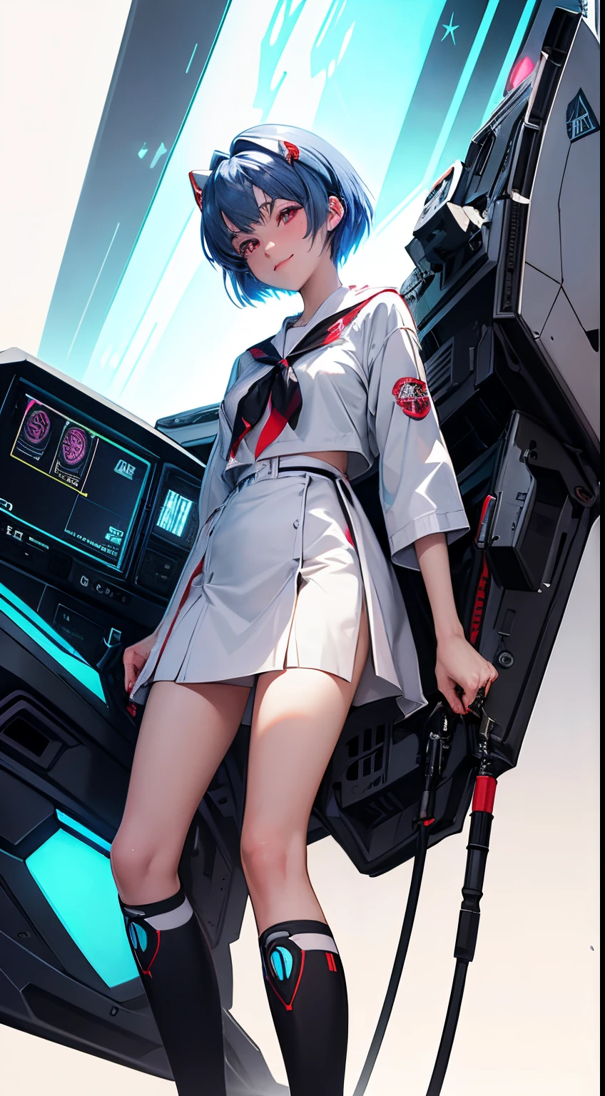 Evangelion Cockpit,Masterpiece portrait of a smiling Rei Ayanami (Evangelion), Evangelion (Hideaki), Caustics, High resolution illustration,14years, Red Eyes, Feminine, no pupils, Blue hair,  Short hair, Very small breasts,Japan school uniform, lowfers, swpunk, Synth Wave, Paint splatters, shaded flat illustration, Digital Art, Trending on ArtStation, Highly detailed, Fine detail, Convoluted, Splatter, Outrun, Vaporware, neon color,undergarment,long boots