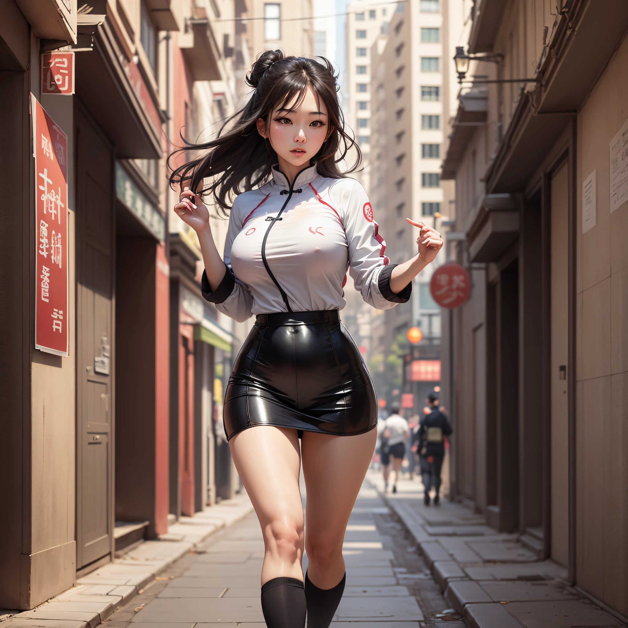 a big breast chinese girl,The back figure running on the boulevard,beautiful weather,Realistic style --auto --s2
