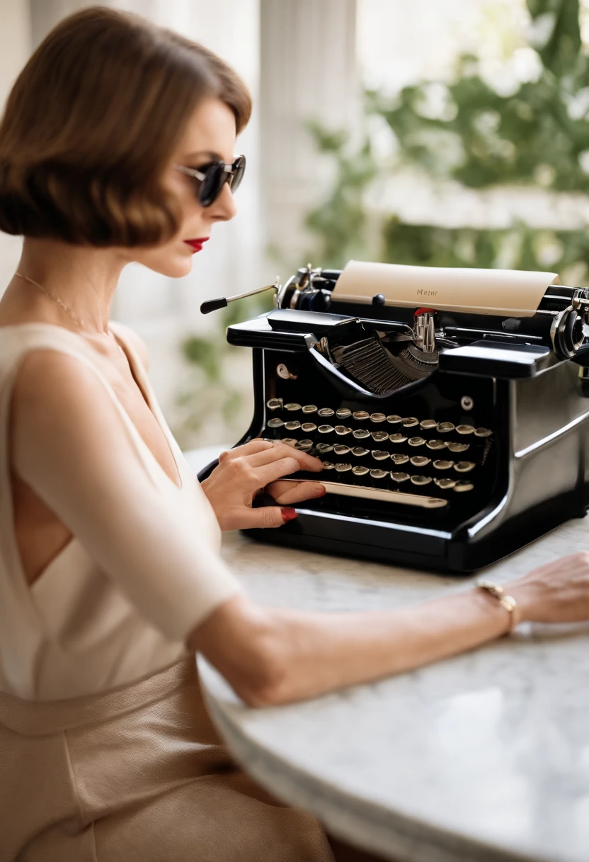 An elegant close-up shot of a vintage typewriter,original,Anna Wintour, the influential editor-in-chief of Vogue magazine, is renowned for her distinctive and polished appearance. She is often seen with a sharp, sleek bob haircut and oversized dark sunglasses, which have become her trademark look. Her fashion style is impeccable and sophisticated, usually featuring designer outfits that are both elegant and assertive. , female