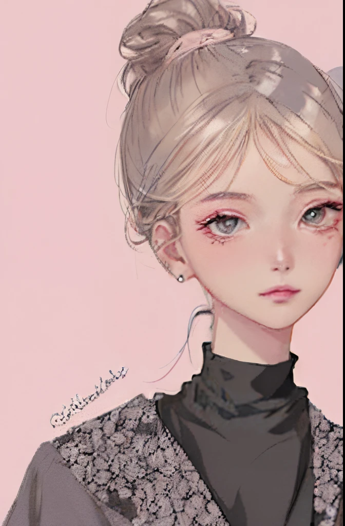 tmasterpiece:1.6,top-quality:1.4,real photograph:1.2,Complicated details:1.2,1 Female upper body,(eye bags:1.6),
luring:: 1.25, slenderness: 1.3, with brown eye, beautidful eyes, sharp piercing eyes, pink lipstick1.3, eyeliner1.3 Clothing:(puff sleeve black shirt),
the hair:(White ponytail),
putting makeup on:natural,Glowing skin,ssmile,黑The eye
(simplebackground,The subject:1.3,Margin 1.6),(Extreme closeup:0.8),