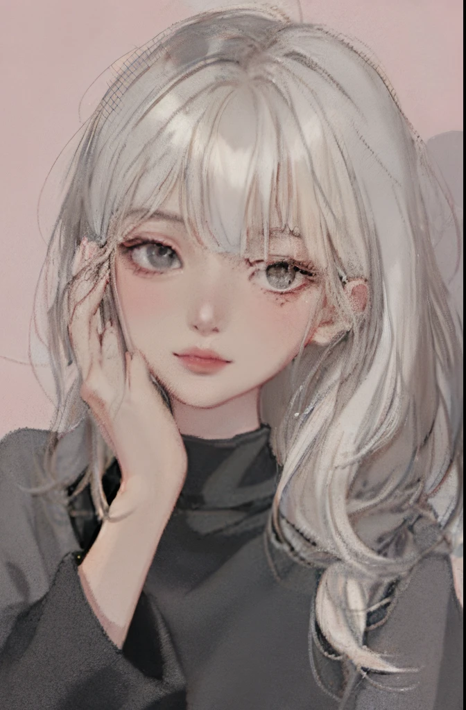 tmasterpiece：1.6，top-quality：1.4，real photograph：1.2，complexdetails：1.2，1 female upper body，（eye bags：1.6），
allure：： 1.25， slenderness： 1.3， with brown eye， beauty eyes， sharp sharp eyes， Pink lipstick 1.3， Eyeliner 1.3
clothing：（puff sleeve black shirt），
the hair：（wavy white hair），
putting makeup on：naturey，Glowing skin，ssmile，黑The eye
（simplebackground，Theme：1.3，Margin 1.6），（Extreme closeup：0.8），