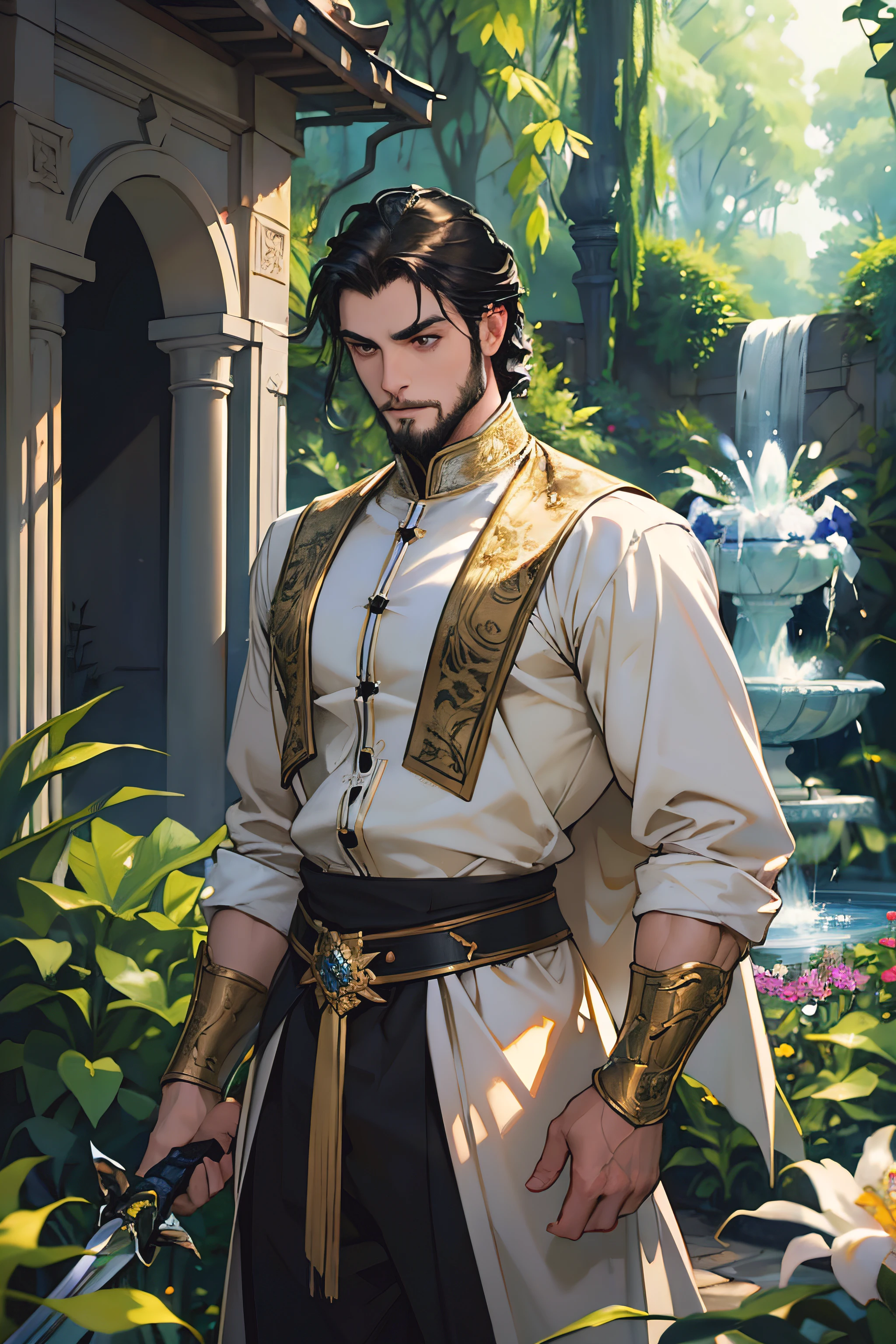 Em um jardim tranquilo, a lone knight wanders. The knight is dressed in medieval attire, wearing a sophisticated blouse and pants adorned with intricate patterns. Seu cabelo preto cai em cascata pelos ombros largos, enquanto uma barba bem cuidada aumenta seu charme robusto. In his hand, Ele segura firmemente uma espada reluzente, his blade reflects the sunlight as he scans his surroundings. The garden is full of vibrant colors, composed of lush vegetation, flores florescendo, e uma bela fonte no centro. Soft rays of golden sunlight flow through the abundant foliage, casting a warm glow over the knight's figure. The scene exudes a sense of tranquility and mystery, capturing the essence of a knight errant's journey through the wild. High-resolution representation shows intricate details, emphasizing the majestic appearance of the knight and the serene atmosphere of the garden.