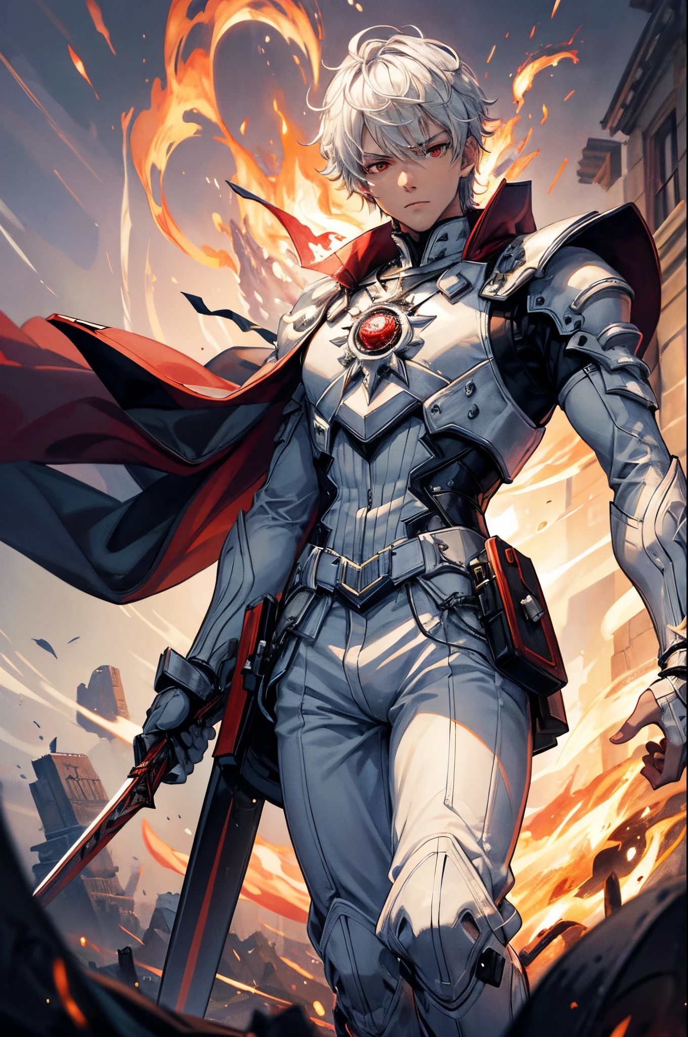 (absurderes, hight resolution, ultra-detailliert), masutepiece, Best Quality, a man in white outfit, wielding sword, sword surrounded by fire, Solo, Handsome, finely eye, Detailed face, Short hair, White hair, brilliant red eyes, Ruined city, Dark background, From below, Look down, Cowboy Shot, swirls, vortex, Spark