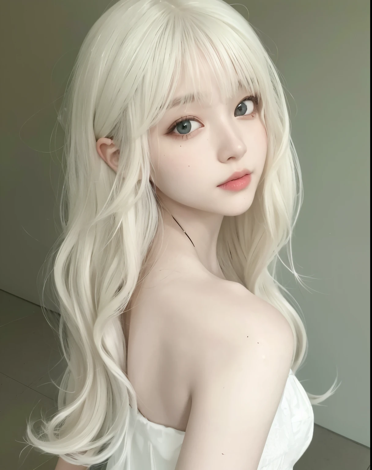 um close up de uma mulher com longos cabelos loiros e um vestido branco, longos cabelos brancos e franja, menina anime loira com cabelo longo, branco hime corte penteado, com cabelos longos brancos, bonito rosto de anime natural, com longos cabelos brancos, menina com cabelo branco, menina anime jovem realista, Ulzzang, longos cabelos loiros e olhos grandes, pale porcelain white skin