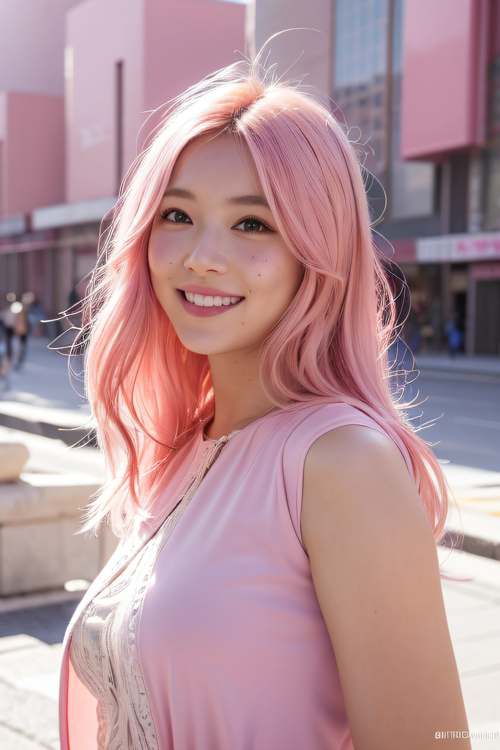 (RAW photo) extra detailed body、extra detailed face、best qualtiy:1.2)、femele、looking at the viewers、(A pink-haired、Lunette de soleil、、a smile、Flashy clothes)、(Pink architecture on background:1.4)、Midjourney Worldview soft volumetric lights, soft key and fill lighting, (backlit:1.3), (cinematic:1.3), intricate details, (ArtStation:1.2), skin blemishes, (freckles:0.9), detailed eyes, micro details, FUJI XT3, photorealistic, photorealism
