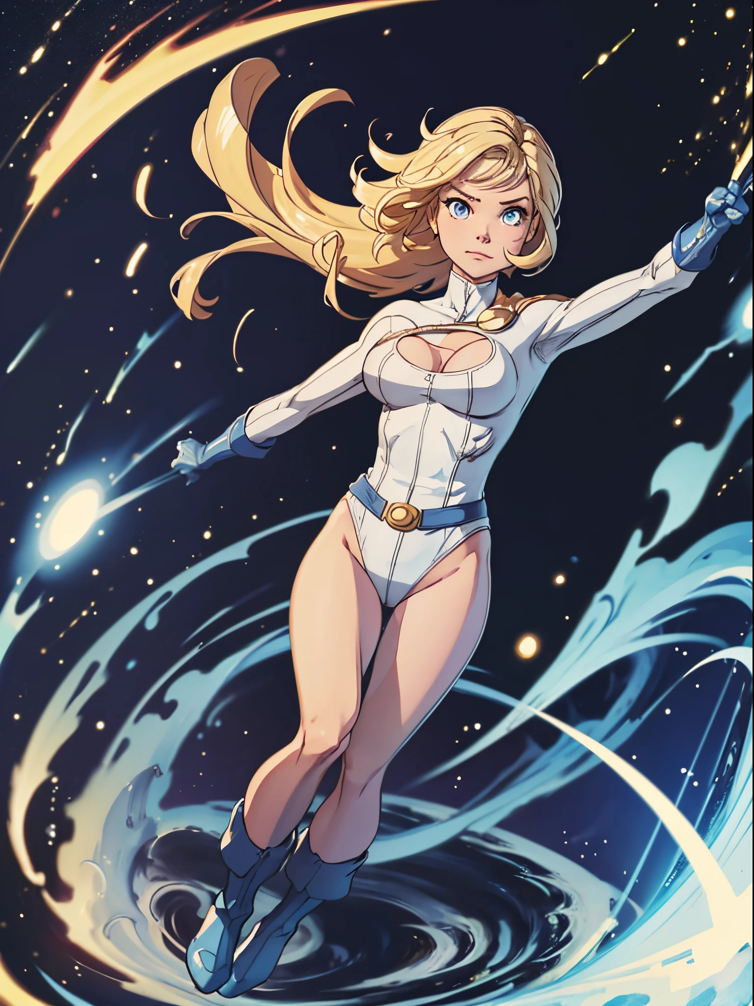 1girl, leotard, CARTOON_DC_powergirl_ownwaifu, bare legs, boots, gloves, space, solo, single, spread arms, standing, spinning like a tornado, light particles, sparkling, super speed, solo, single, speed lines, blonde hair, blue eyes, rapid gyration, tornado spin, twirling, cyclone spin, light swirls, superpower