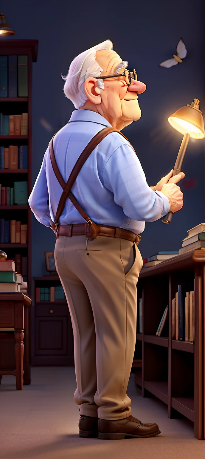 A wise old man standing in front, illuminated by the light of a lamp, against the backdrop of a library