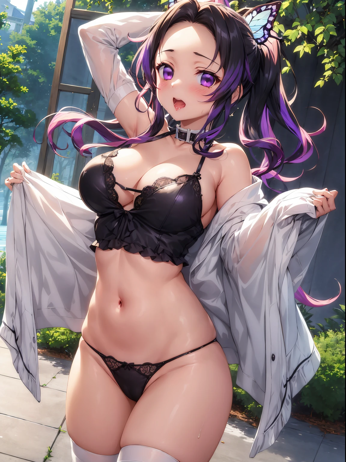 ​masterpiece, top-quality, Hi-Res, 1girl in, 独奏, kochou shinobu, butterfly hair ornament, a purple eye, O cabelo multicolorido, shorth hair, partedbangs,,Black jacket, long-sleeve, a belt　1girl in, lightsmile, Shiny skin, Best Quality, masutepiece, (Game CG:1.4), NSFW, Detailed beautiful face and eyes,爆乳、爆乳、Lingerie with a small area,  , touching herself, hands on thighs, A sexy, Beautiful body, ultra-detailliert, Blushing, Drooling, embarrassed, Hentai-kun, 1girl in, Solo, 4K, Wallpaper, White panties, Wet panties, Wet body, Squirting, ,  Screaming, Liquid, Wet panties, Milk, milk in panties,