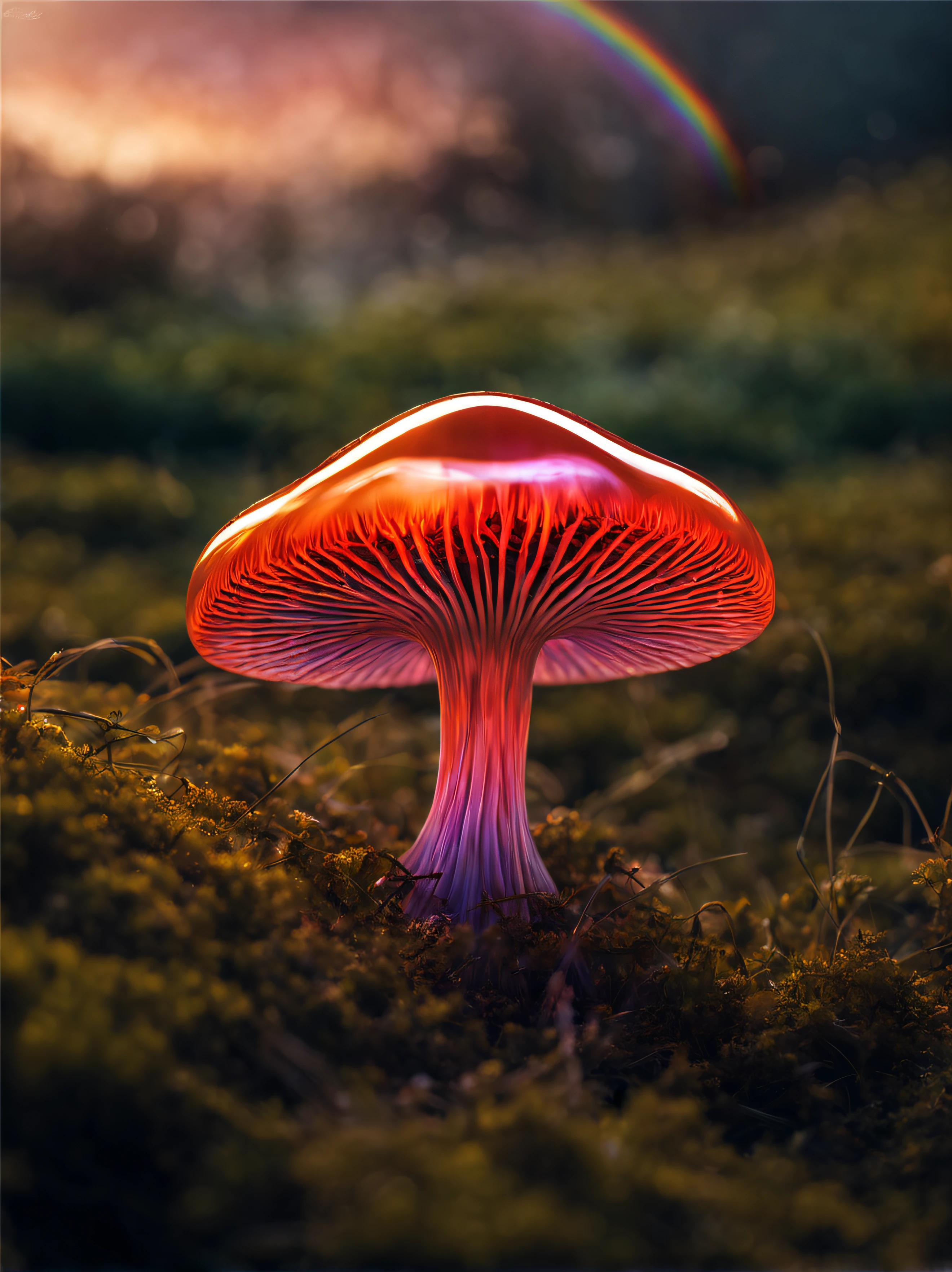 The main transparent mushroom has half its cap cut off and rotten..、(The mushroom cap is made of transparent polyhedrons, The ridgeline is made of ultra-fine neon lines..、Polyhedron with metallic reflection)、Mushroom stems are so delicate and thin that they almost break...、(((、The inside of the mushroom appears to be filled with rainbow-colored smoke...)))、Mesmerizing surreal movie stills of Alice in Wonderland,、 magical dreamland bokeh background, A fascinating and eerie fantasy world, Illuminates dark shooting scenes with fantastic light。。。, Otherworldly elements of a familiar story, ether wonderland, mystic atmosphere, Realism aesthetics of dark magic and dark fantasy, translucent bioluminescent material、Otherworldly luminescence、((born in another world、A strangely shaped poisonous mushroom that emits bewitching smoke....,)) Ultra-realistic, (Voronoi pattern, depth of fields, (swirly bokeh:1.275), (Kodak Portra 400:0.875) :1.15), (Realistic and complex futuristic background,), (Turbulent Toxic Vapor:1.2, Magnificent surrealism, red and white lighting, low key light:1.1), Notable masterpieces, celestial, Ethereal, epicd, Magical Light Flare, natural, Soft dreamy lighting, ((Warm Yellow and Deep Carbon:0.7), (Cinematic Look:1.15):1.15)、The inside of the mushroom seems to be filled with rainbow-colored smoke..