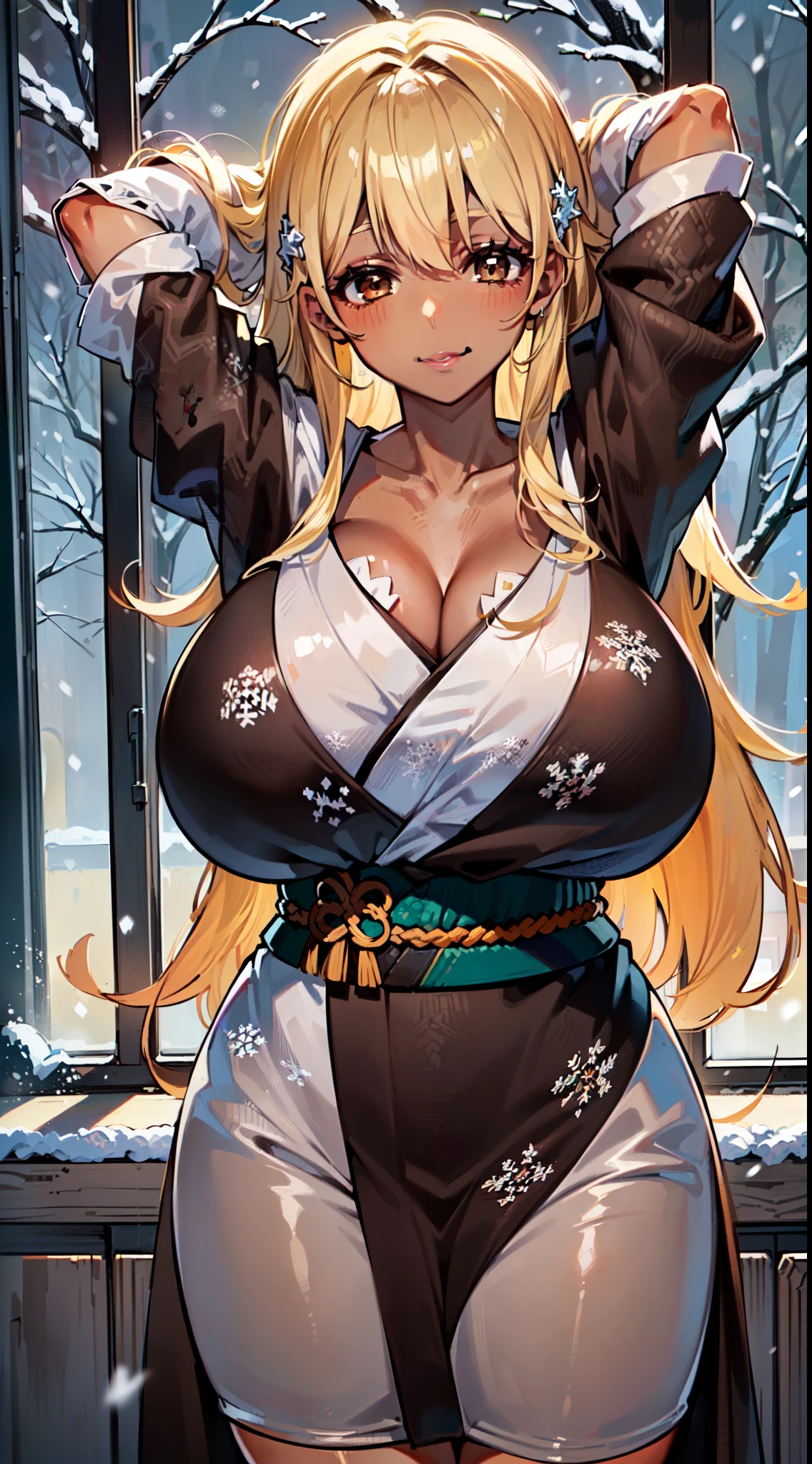 masterpiece, best quality, extremely detailed, 1girl, mature female, solo, (dark brown skin:2), tia, (huge breasts:1.2), ((((blonde hair), very long hair, brown eyes))), (((collarbone, multicolored kimono, snowflake print))), ((naughty smile), closed mouth), ((arms behind head, window, indoor, forest, winter, snowing))