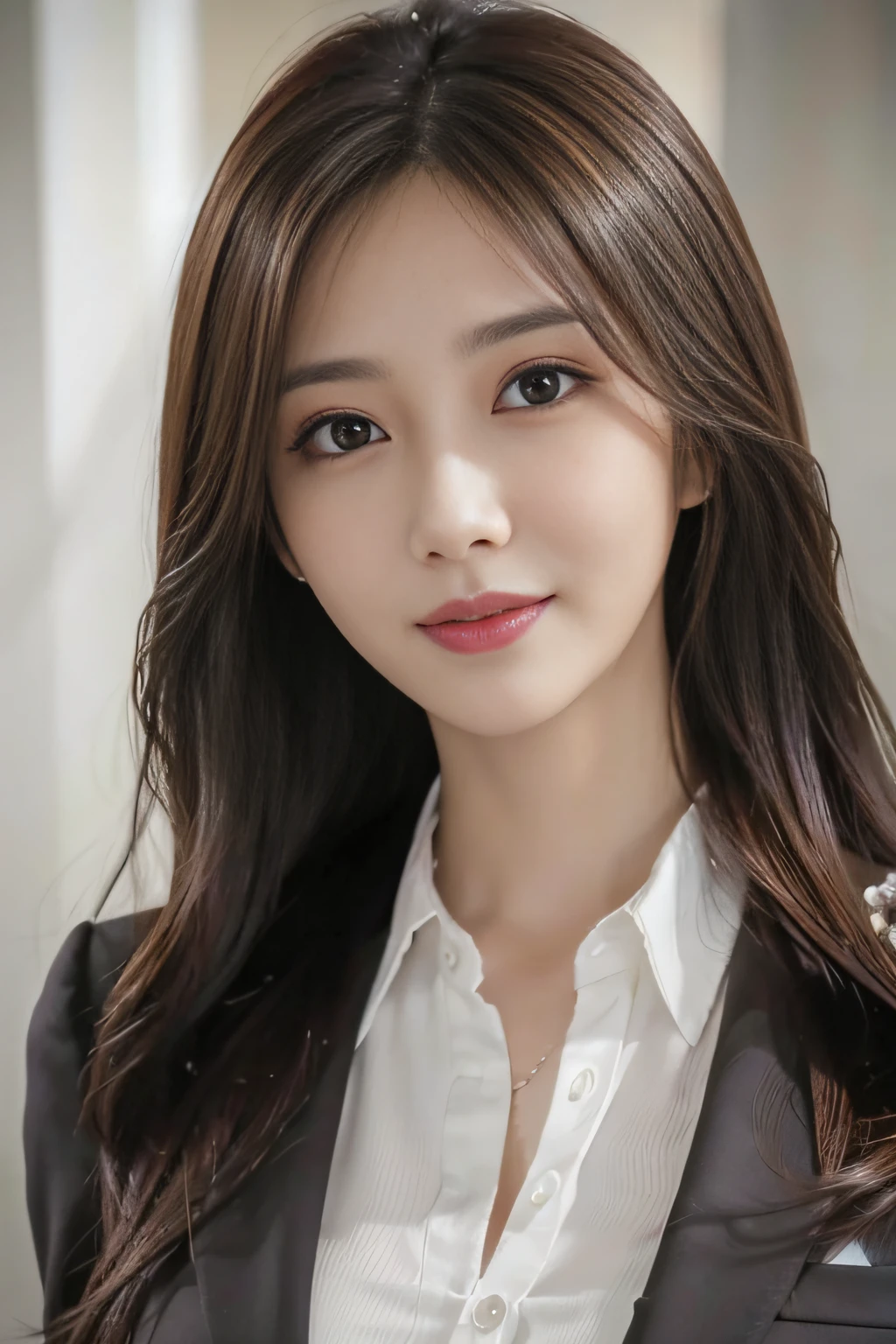 masutepiece, Best Quality, Photorealistic, Ultra-detailed, finely detail, High resolution, 8K Wallpaper, 1 beautiful woman,, light brown messy hair, in a business suit, foco nítido, Perfect dynamic composition, Beautiful detailed eyes, detailed hairs, Detailed realistic skin texture, Smiling, Close-up portrait, Model body type
