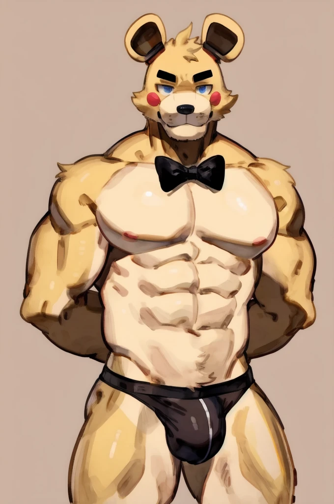 Solo, Furry, Anthro, Five nights at freddy Golden Freddy, Male, E621, Standing, Muscular, Hands behind his back, Wearing underwear, Plain background, Front view, Light skin, By buta99